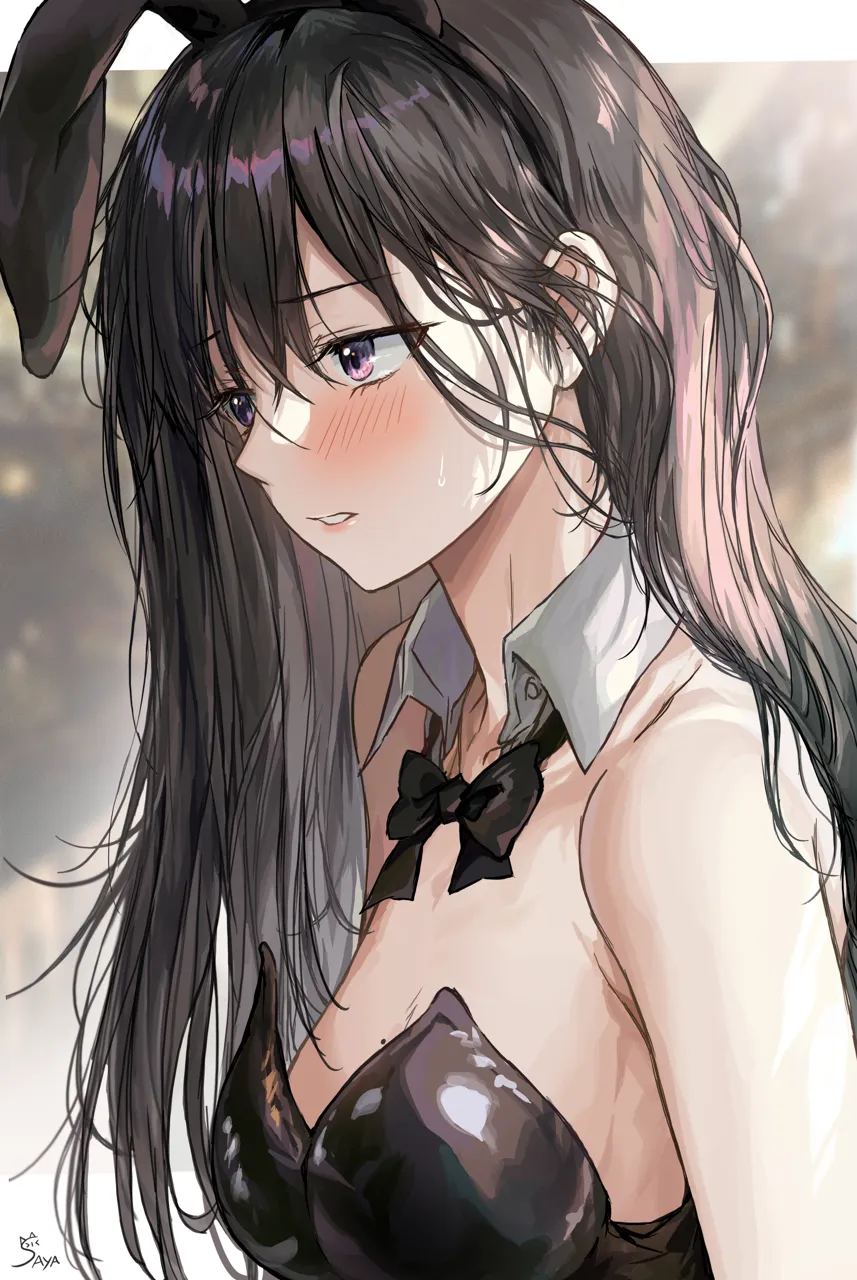 1girl animal_ears bare_shoulders black_hair black_leotard black_ribbon blush breasts detached_collar fake_animal_ears iseya_chiyori__saya leotard loose_neck_ribbon mole mole_on_breast neck_ribbon outdoors oversized_breast_cup parted_lips playboy_bunny purple_eyes rabbit_ears ribbon saya__mychristian2 signature small_breasts solo strapless strapless_leotard teardrop unbuttoned upper_body