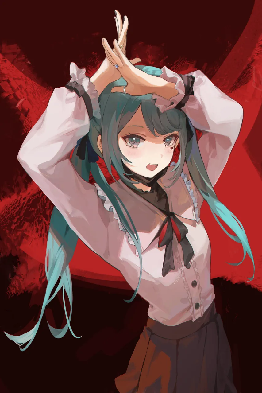 1girl aqua_eyes aqua_hair arms_up black_nails black_skirt blush collared_shirt facial_mark fangs frilled_sleeves frills from_above hair_ribbon heart jewelry jirai_kei long_hair long_sleeves looking_at_viewer multiple_rings nail_polish neck_ribbon open_mouth pleated_skirt red_background ribbon vocaloid ring shirt skirt solo teeth twintails white_shirt x_arms mada__shizhou vampire__vocaloid hatsune_miku