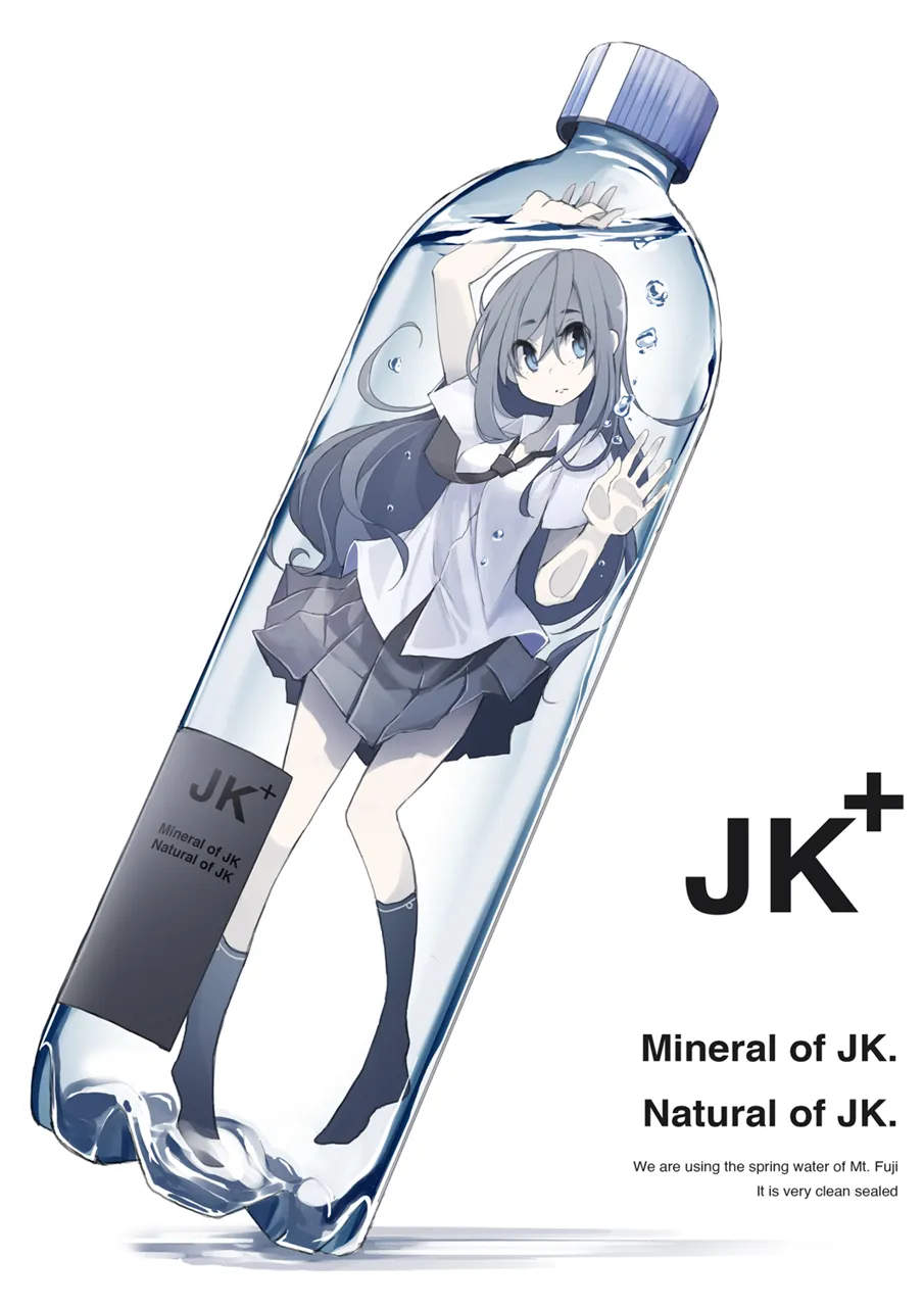 1girl air_bubble blouse blue_eyes bottle bubble english_text engrish_text food grey_hair hair_between_eyes in_container in_food long_hair mini_person minigirl necktie no_shoes pleated_skirt ranguage school_uniform shirt skirt socks solo submerged trapped water_bottle white_background white_shirt tansuke