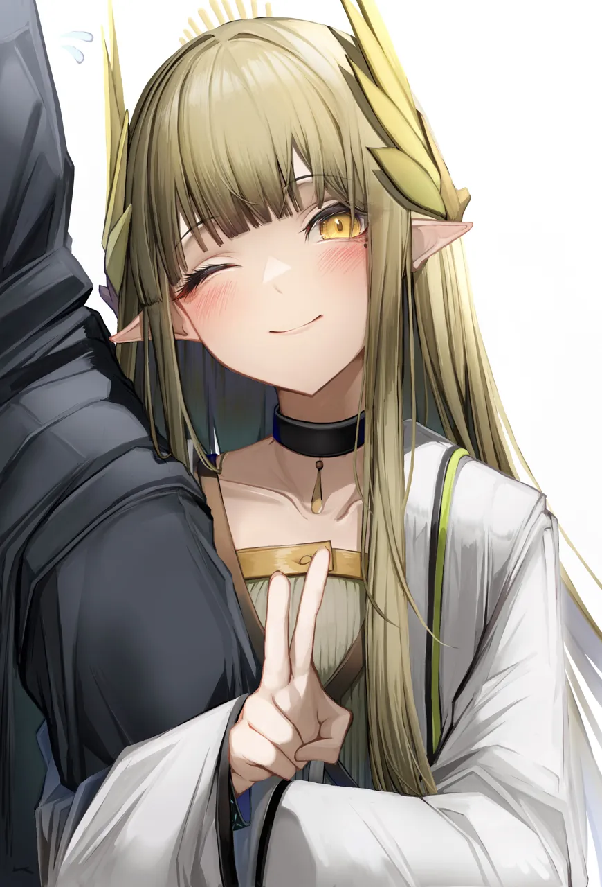 1boy 1girl black_choker blush brown_hair choker closed_mouth long_hair long_sleeves looking_at_viewer mole mole_under_eye one_eye_closed pointy_ears simple_background smile upper_body white_background yellow_eyes tab_head arknights doctor__arknights male_doctor__arknights muelsyse__arknights