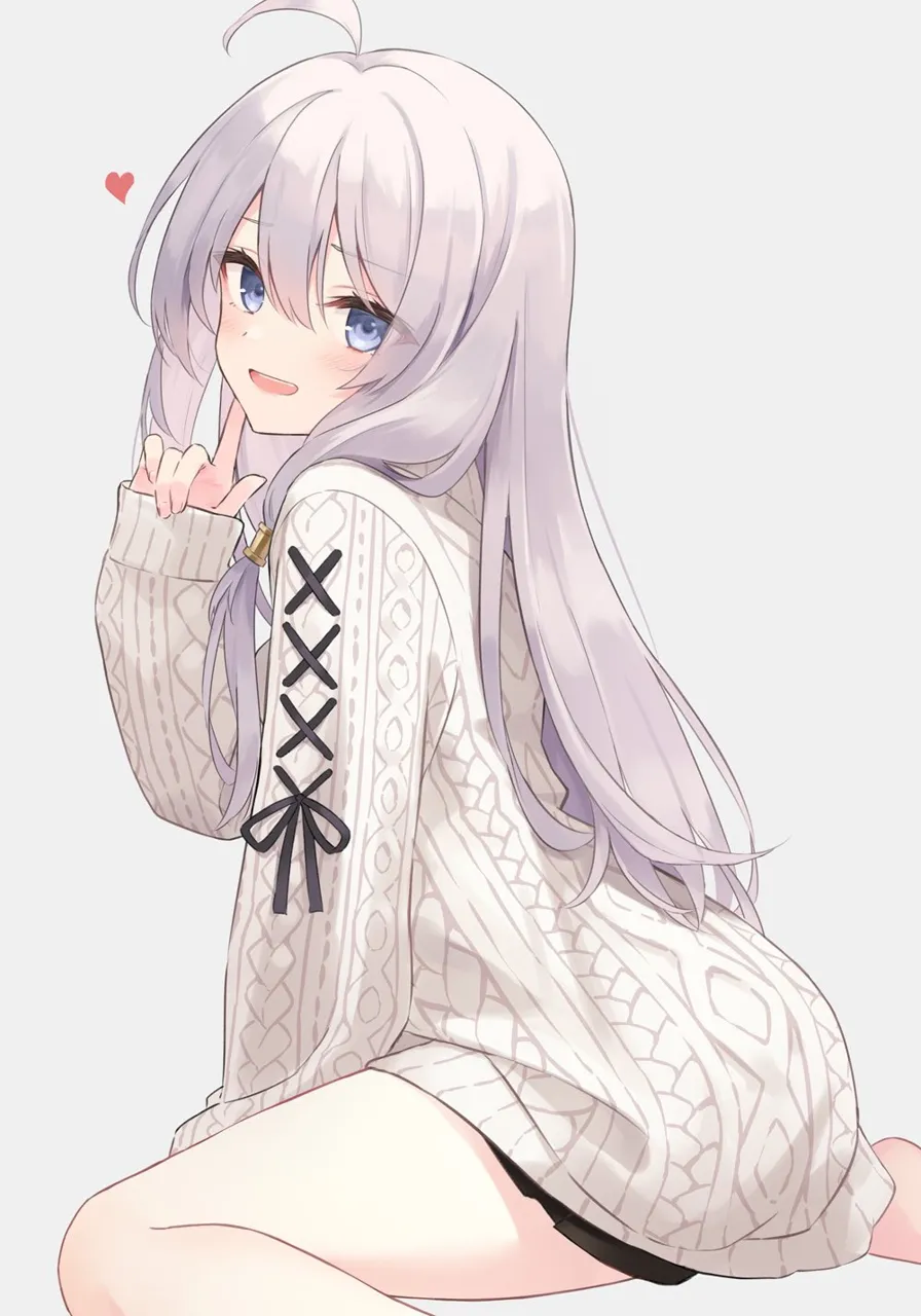 1girl ahoge aran_sweater arm_support azuuru black_skirt blush cable_knit cross_laced_clothes cross_laced_sleeves elaina__majo_no_tabitabi feet_out_of_frame finger_to_cheek from_side grey_hair hair_tubes hand_up heart index_finger_raised long_hair long_sleeves looking_at_viewer majo_no_tabitabi miniskirt pleated_skirt sidelocks simple_background sitting skirt sleeves_past_wrists smile solo sweater turtleneck turtleneck_sweater wariza white_sweater
