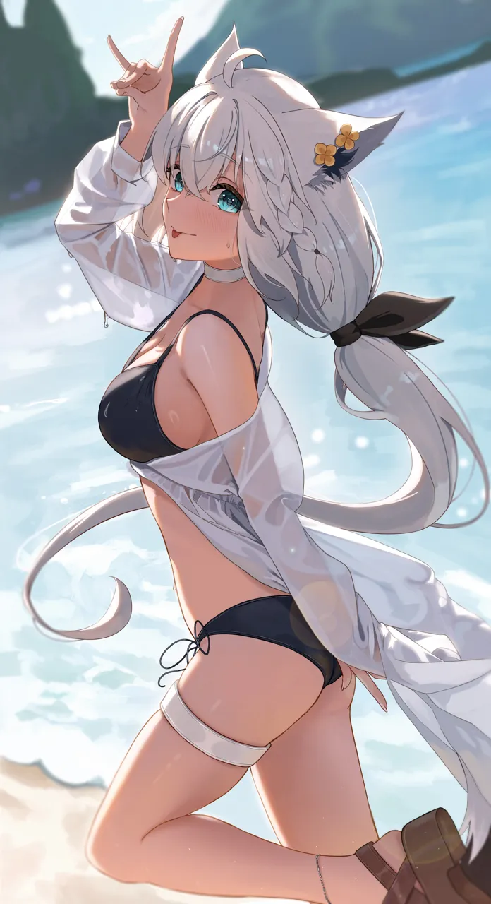 1girl _p ahoge alternate_costume animal_ears anklet backlighting bare_shoulders bikini black_bikini blue_eyes braid breasts brown_shoes choker cleavage day ear_flower foot_up fox_ears fox_girl fox_shadow_puppet fox_tail from_side jewelry large_breasts light_blush long_hair looking_at_viewer low_tied_long_hair outdoors sandals see_through_clothes shoes shore side_braid sideboob solo standing standing_on_one_leg swimsuit swimsuit_cover_up tail thigh_strap tongue tongue_out very_long_hair virtual_youtuber white_choker white_hair rega hololive shirakami_fubuki