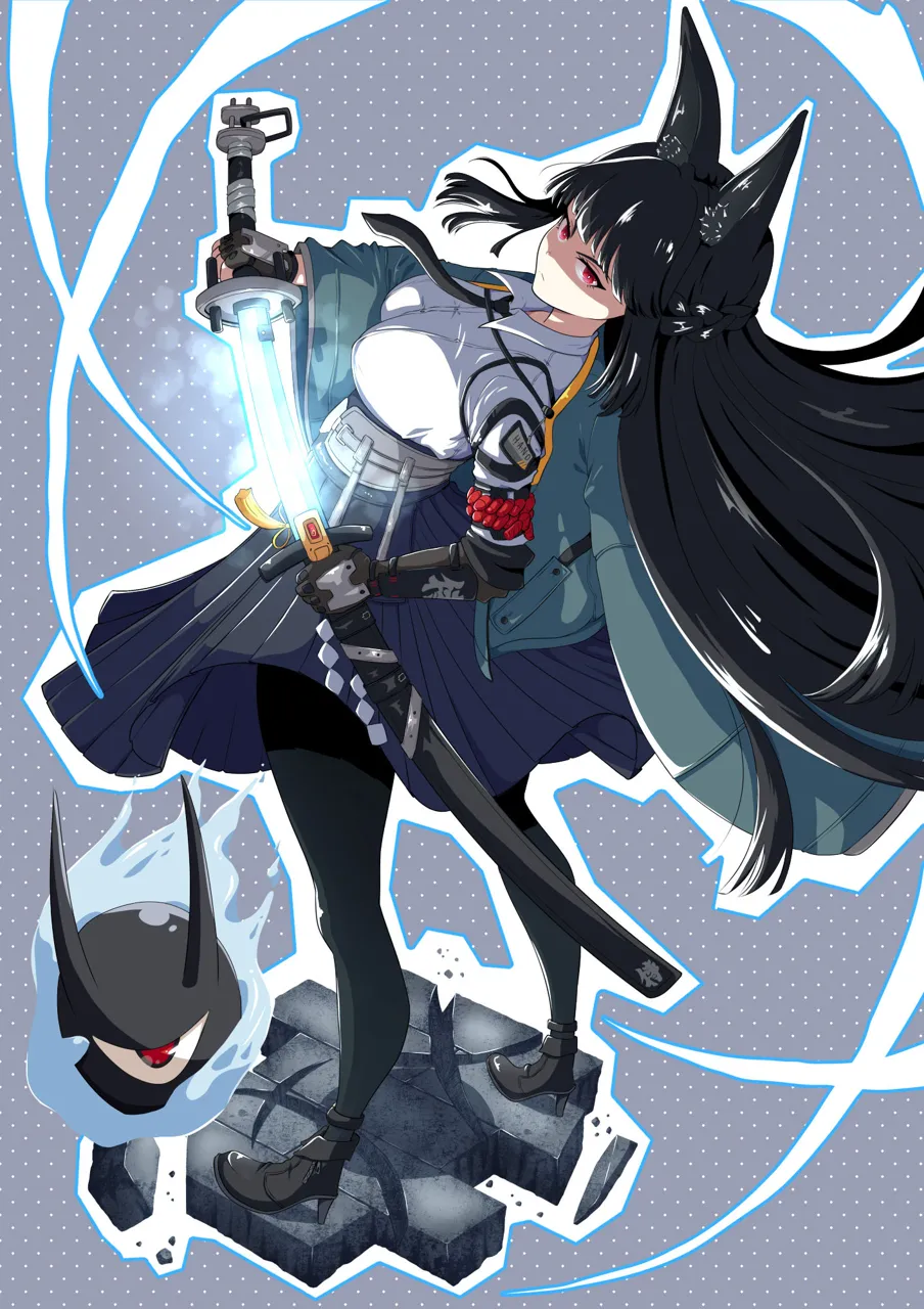 1girl animal_ear_fluff animal_ears aqua_jacket black_hair black_necktie black_pantyhose black_skirt blunt_bangs breasts collared_shirt eyeball fox_ears fox_girl full_body high_waist_skirt holding holding_sword holding_weapon jacket katana long_hair looking_at_viewer medium_breasts necktie open_clothes open_jacket pantyhose pleated_skirt red_eyes shirt skirt sword weapon white_shirt fonfonoso zenless_zone_zero hoshimi_miyabi tailless__zenless_zone_zero