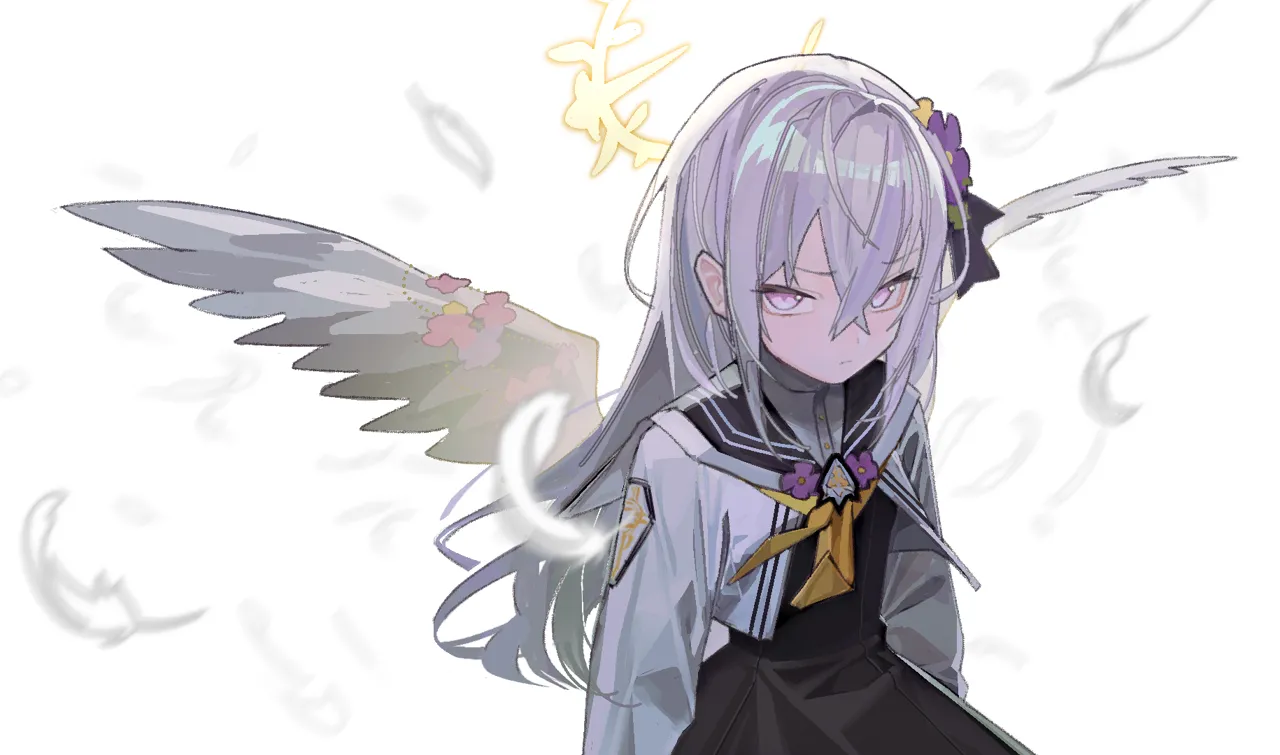 1girl angel_wings black_dress dress falling_feathers feathers grey_hair halo jacket long_hair purple_eyes sailor_collar solo white_background white_jacket wings saaal653 blue_archive azusa__blue_archive