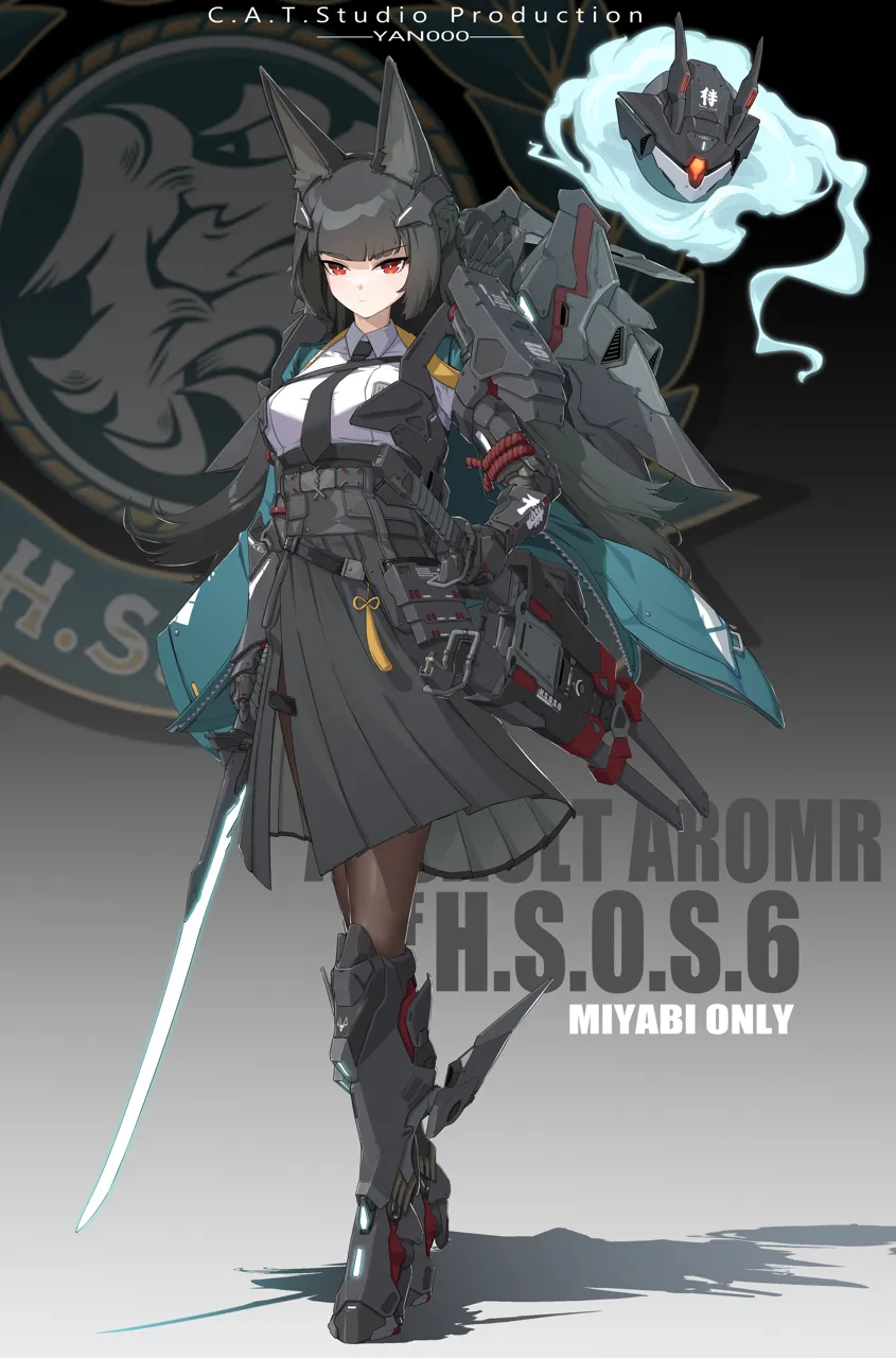 1girl 1other adapted_costume animal_ear_fluff animal_ears aqua_jacket arm_strap black_hair black_necktie black_pantyhose black_skirt blue_fire blunt_bangs braid breasts bright_pupils character_name collared_shirt drop_shadow english_text fire fox_ears fox_girl gauntlets glowing glowing_sword glowing_weapon half_updo high_waist_skirt holding holding_sword holding_weapon jacket large_breasts logo long_hair long_skirt looking_at_viewer machine mecha mechanical_arms mechanical_hands mechanical_legs necktie open_clothes open_jacket pantyhose red_eyes red_rope robot rope scabbard sheath sheathed shirt side_slit sidelocks single_gauntlet skirt standing sword very_long_hair weapon white_pupils white_shirt wide_sleeves yan__unicorn404 zenless_zone_zero hoshimi_miyabi tailless__zenless_zone_zero