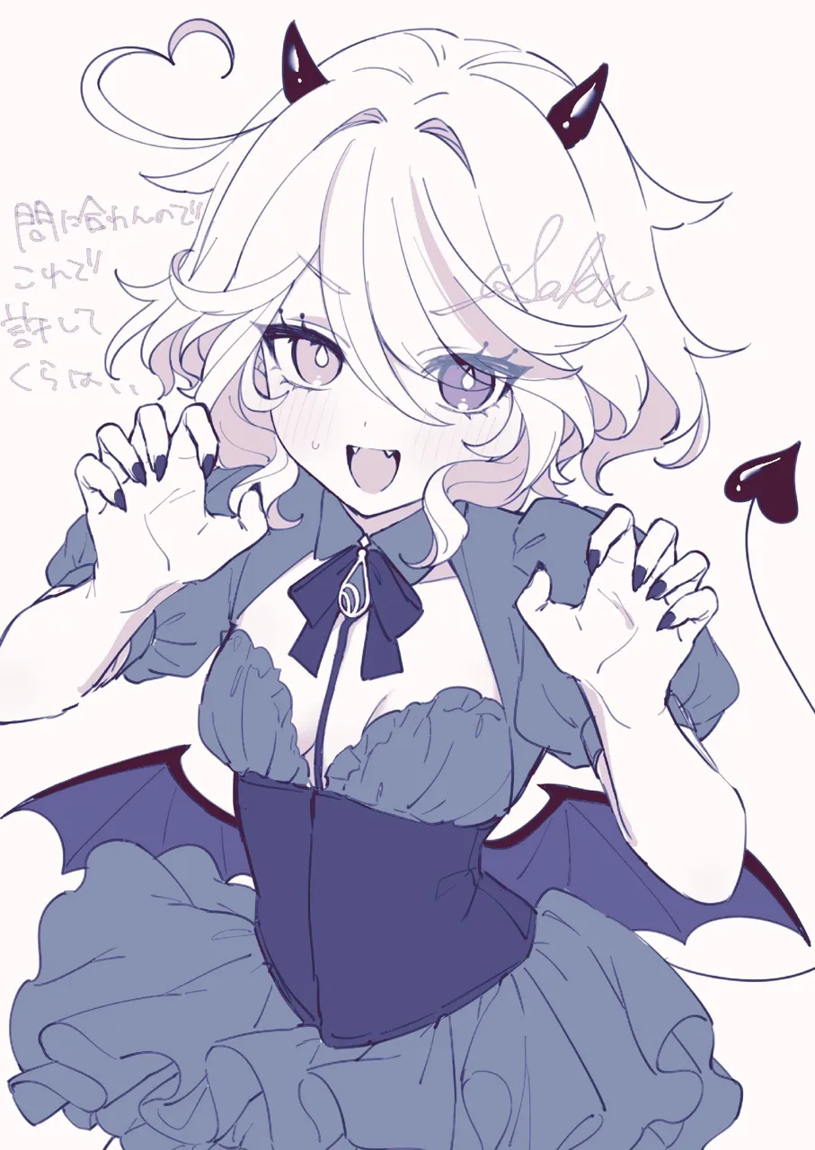 1girl bat_wings black_nails black_wings claw_pose demon_girl demon_horns demon_tail demon_wings dress fangs fingernails halloween heart heart_tail horns low_wings mini_wings nail_polish open_mouth sharp_fingernails solo tail wings
