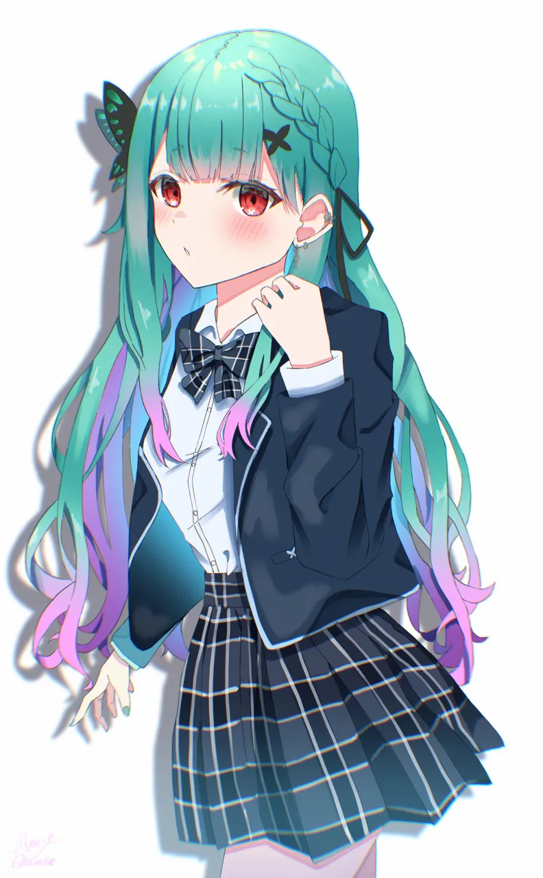 1girl bow bowtie braid brown_eyes gradient_hair green_hair hair_ornament long_hair long_sleeves looking_at_viewer multicolored_hair necktie official_alternate_costume official_alternate_hair_color parted_lips pink_hair plaid_clothes plaid_skirt purple_hair school_uniform skirt solo very_long_hair virtual_youtuber white_background maria_onnette hololive uruha_rushia__hololive uruha_rushia__school_uniform__hololive