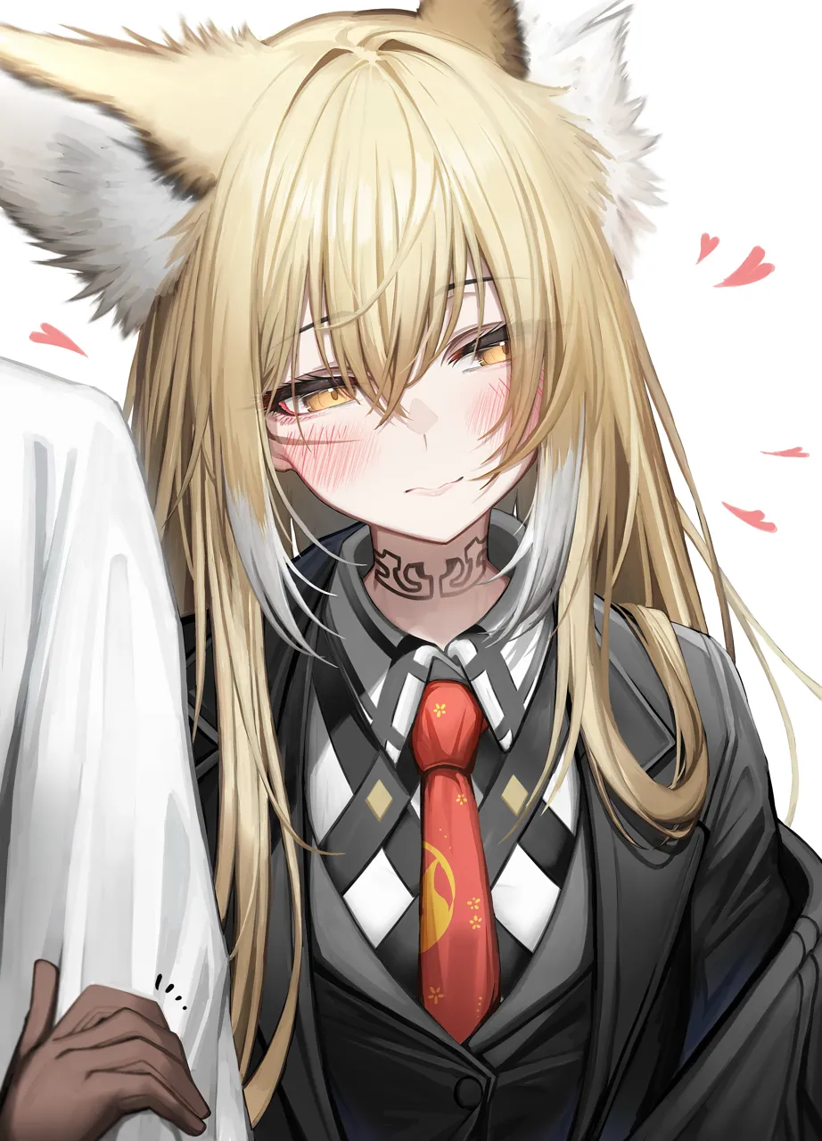1girl 1other animal_ear_fluff animal_ears averting_eyes black_suit blonde_hair blush closed_mouth collared_shirt extra_ears fox_ears fox_girl grabbing_another_s_arm hair_between_eyes hair_intakes heart looking_to_the_side necktie red_necktie scar scar_on_cheek scar_on_face shirt suit tattoo_choker yellow_eyes tab_head arknights vulpisfoglia__arknights