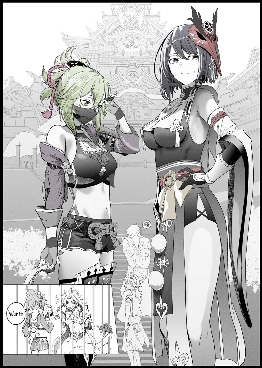 2girls bare_shoulders black_border breasts green_hair hair_ornament letterboxed mask midriff mouth_mask multiple_girls navel ninja_mask partially_colored pillarboxed short_hair genshin_impact kuki__genshin_impact sara__genshin_impact