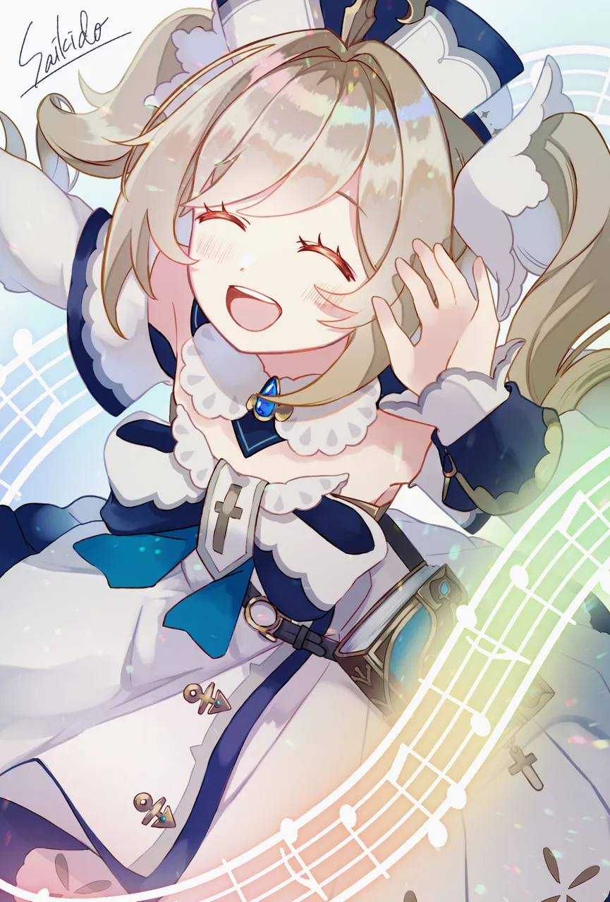 1girl blush book brown_hair closed_eyes detached_sleeves dress drill_hair hair_between_eyes hair_ornament long_hair long_sleeves musical_note musical_staff open_mouth signature smile solo twin_drills twintails white_dress hitaren_illust genshin_impact barbara__genshin_impact