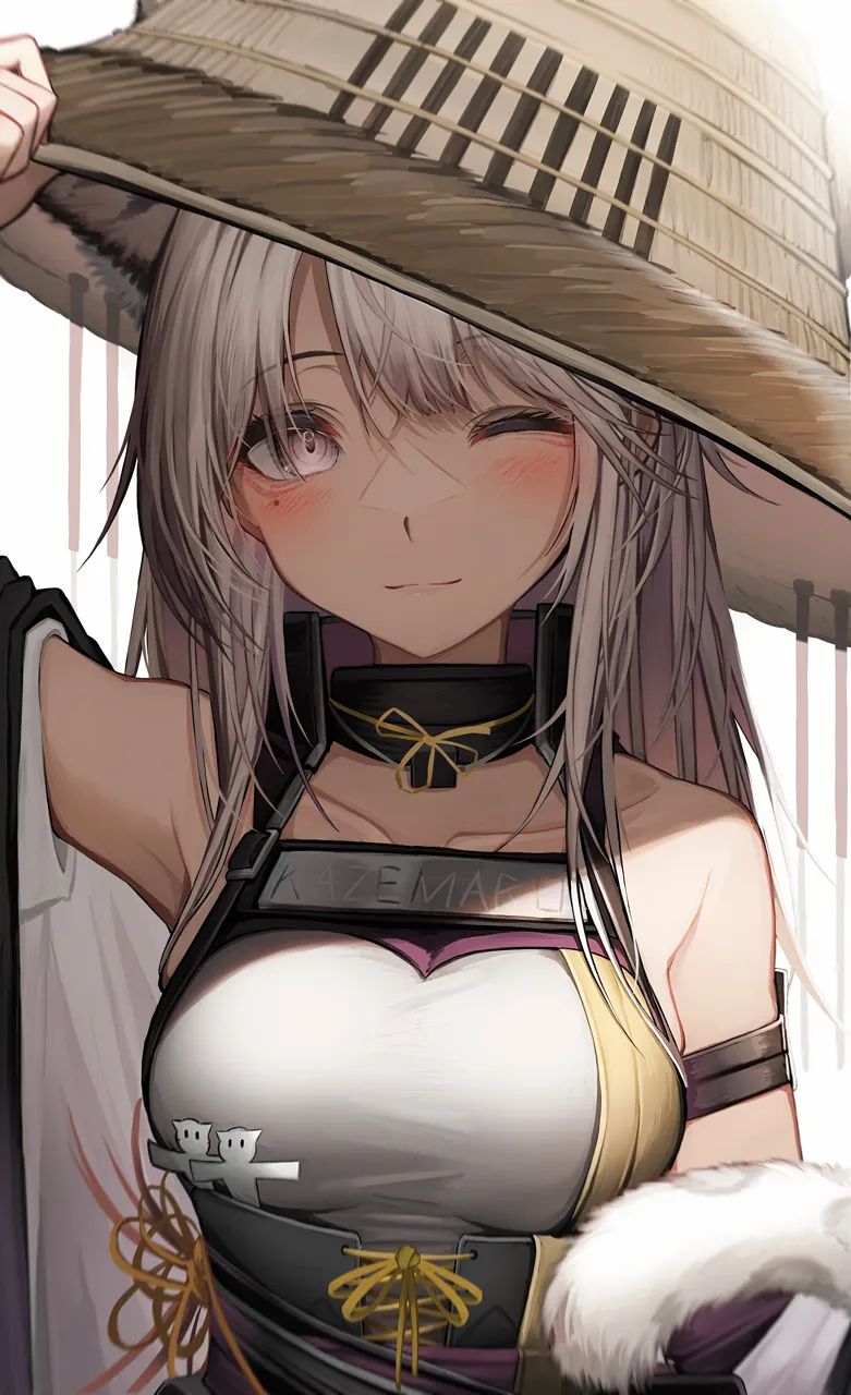 1girl animal_ears blush breasts brown_hat hat long_hair looking_at_viewer medium_breasts mole mole_under_eye one_eye_closed pink_eyes smile solo upper_body white_hair tab_head arknights kazemaru__arknights