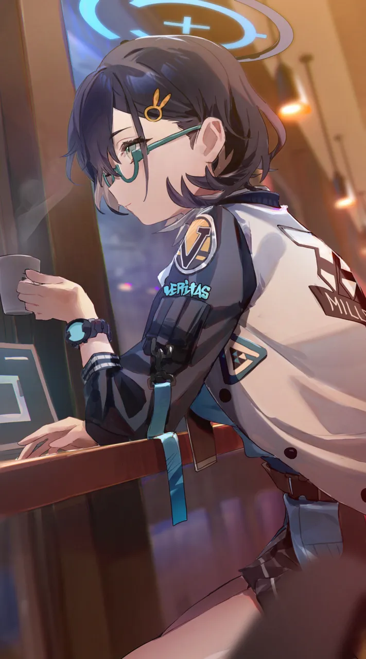 1girl aqua_framed_eyewear black_hair blue_eyes blue_halo blurry closed_mouth cup depth_of_field from_side glasses hair_ornament hairpin halo holding holding_cup indoors jacket long_sleeves looking_to_the_side rabbit_hair_ornament semi_rimless_eyewear short_hair solo steam watch white_jacket wristwatch flatshi blue_archive chihiro__blue_archive