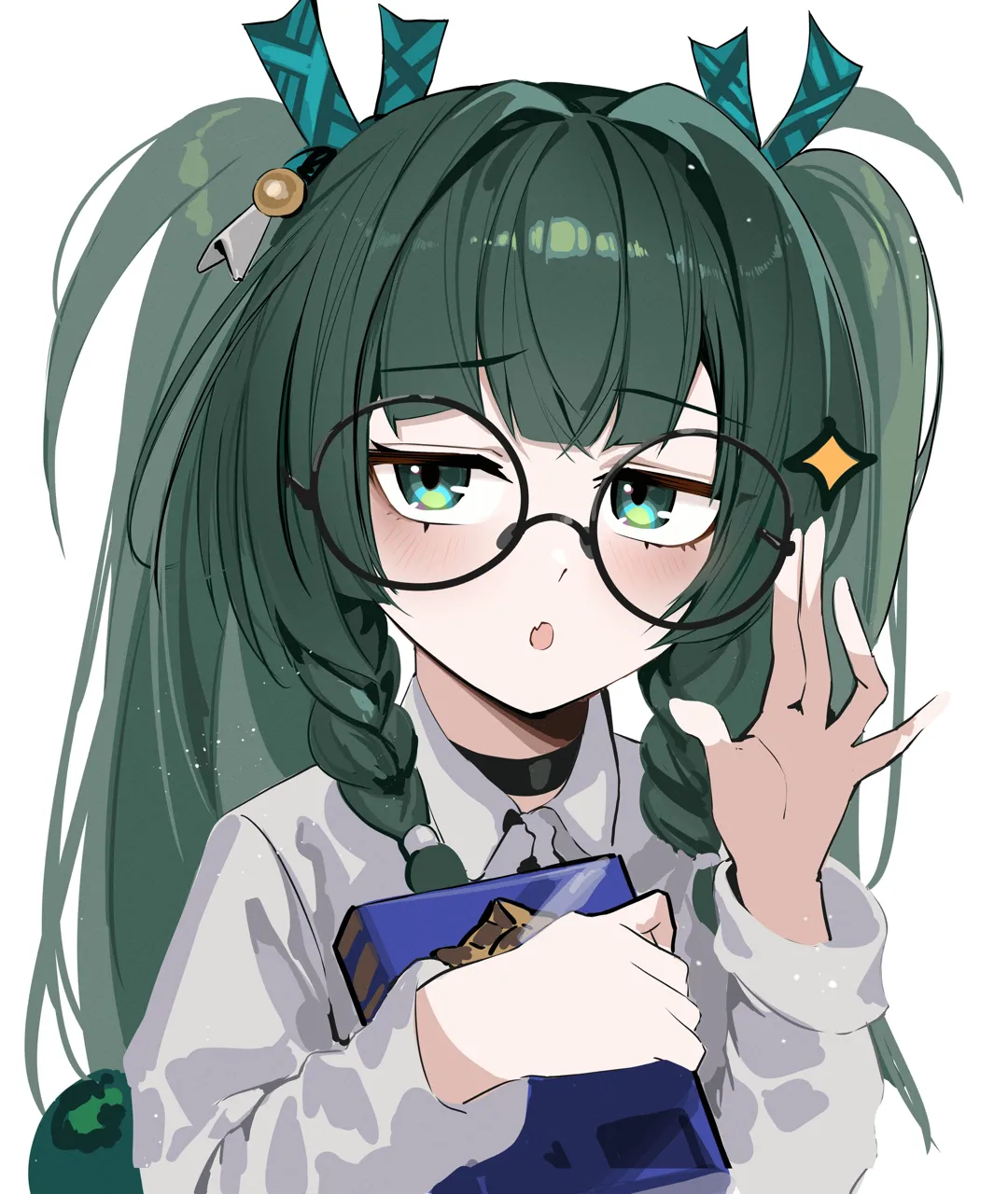 1girl adjusting_eyewear android black_choker book braid choker glasses green_eyes green_hair hand_on_eyewear holding holding_book long_hair open_mouth solo nn11 zenless_zone_zero qingyi__zenless_zone_zero