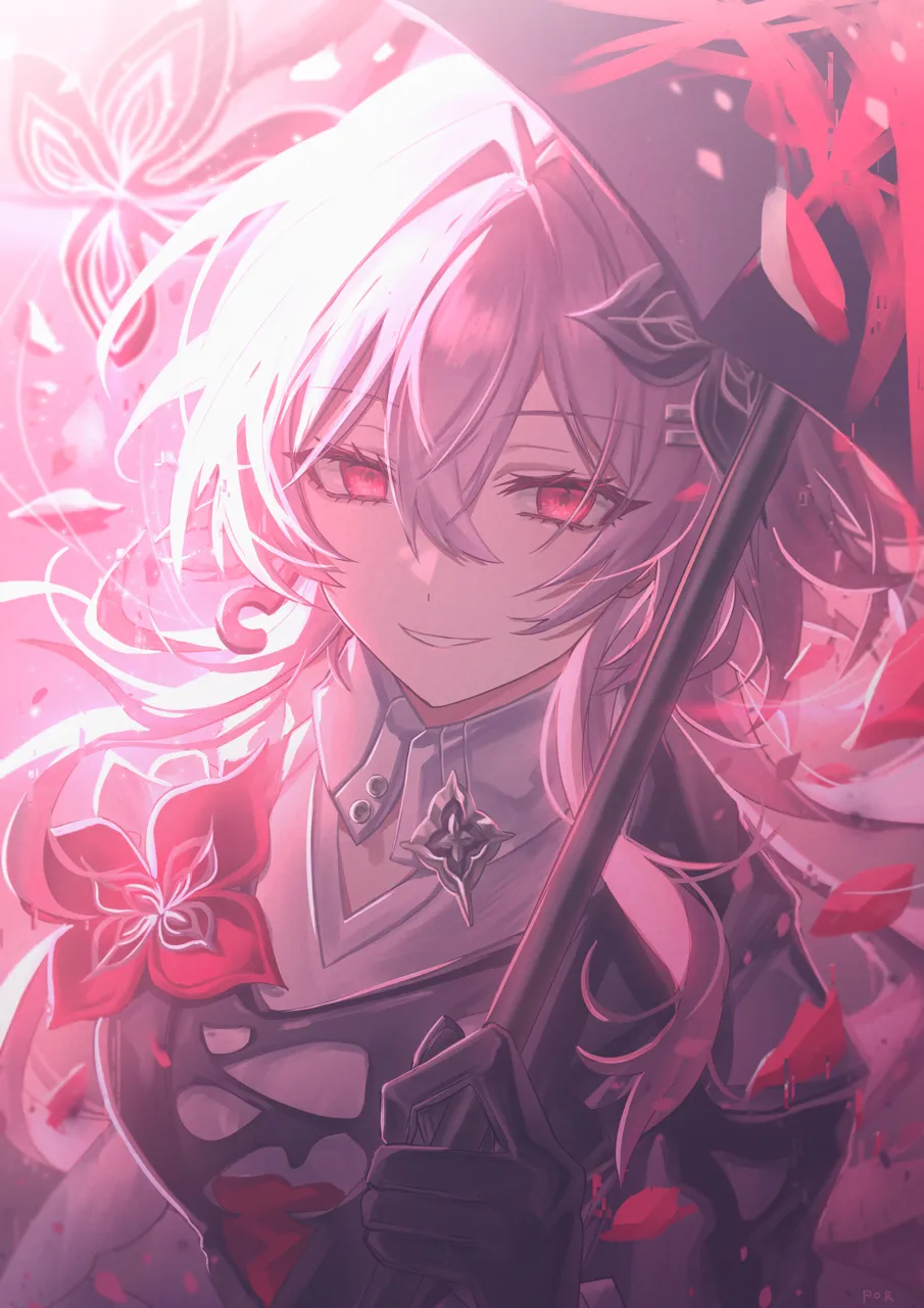 1girl artist_name black_gloves breasts gloves hair_between_eyes holding holding_umbrella long_hair looking_at_viewer medium_breasts parted_lips pink_hair pink_theme red_eyes shirt smile solo umbrella upper_body white_shirt por__por_tt honkai__star_rail honkai__series evernight__honkai__star_rail march_7th__honkai__star_rail