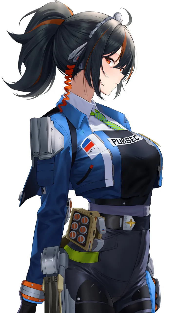 1girl black_hair black_pants blue_jacket breasts checkered_necktie from_side high_waist_pants holster jacket large_breasts looking_at_viewer looking_to_the_side metal_hairband multicolored_hair nape necktie pants parted_lips police police_uniform policewoman ponytail red_eyes shoulder_holster simple_background solo streaked_hair tight_clothes tight_pants white_background hirahiragi__h1rqg1 zenless_zone_zero zhu_yuan__zenless_zone_zero