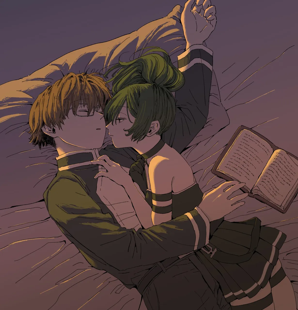 1boy 1girl arm_strap bare_shoulders black_dress black_gloves book brown_hair closed_eyes cowboy_shot dress glasses gloves green_hair hetero long_sleeves looking_at_another lying medium_hair on_bed on_side open_book reversible_couple short_hair single_glove sleeping user_tjvj4534 sousou_no_frieren land__sousou_no_frieren ubel__sousou_no_frieren