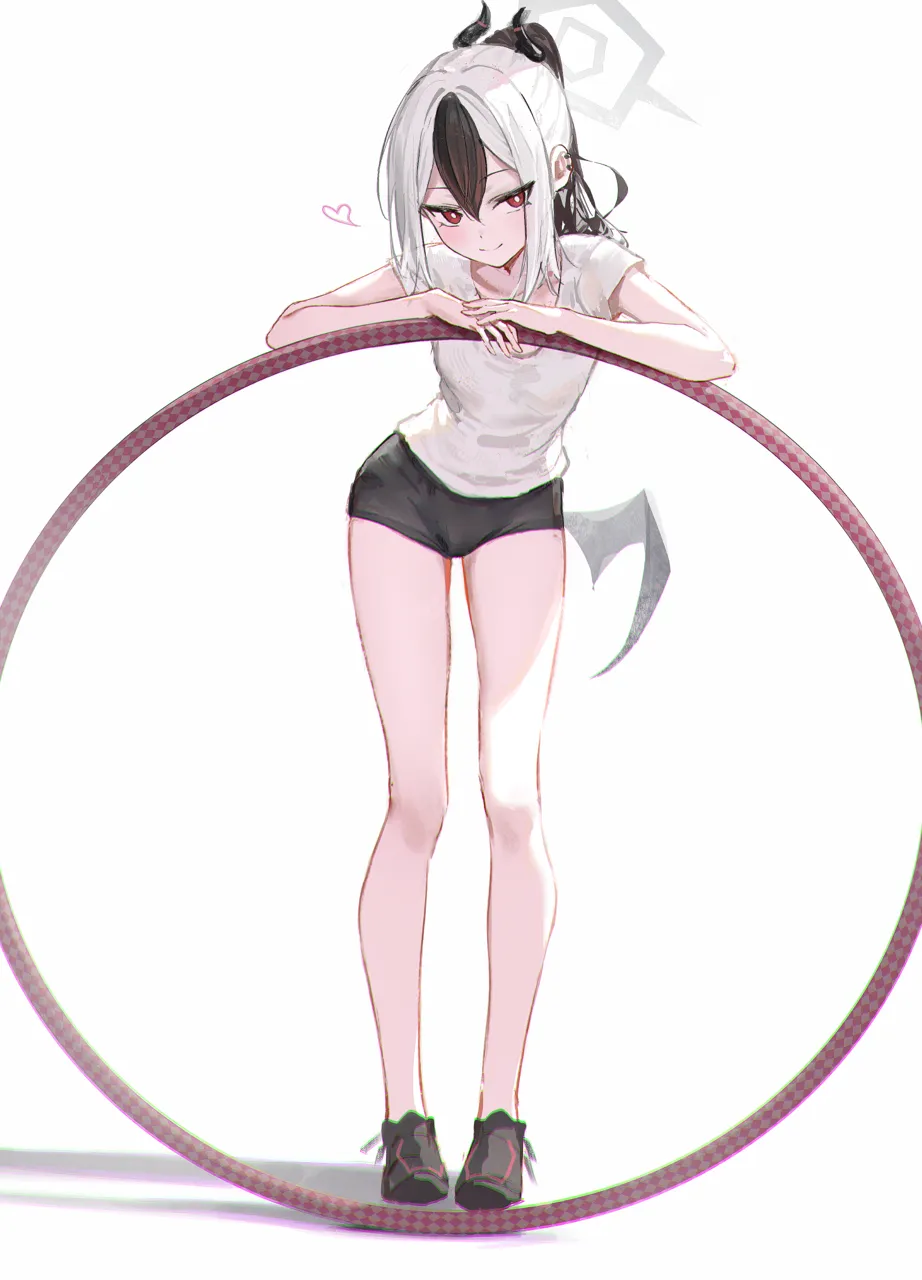 1girl arm_rest bare_legs black_hair black_shoes black_shorts blush bright_pupils demon_horns demon_wings double_parted_bangs full_body halo heart hoop horns hula_hoop leaning_on_object looking_at_viewer multicolored_hair ponytail red_eyes shirt shoes short_shorts short_sleeves shorts simple_background single_wing smile solo two_tone_hair white_background white_hair white_pupils white_shirt wings hidulume blue_archive kayoko__blue_archive