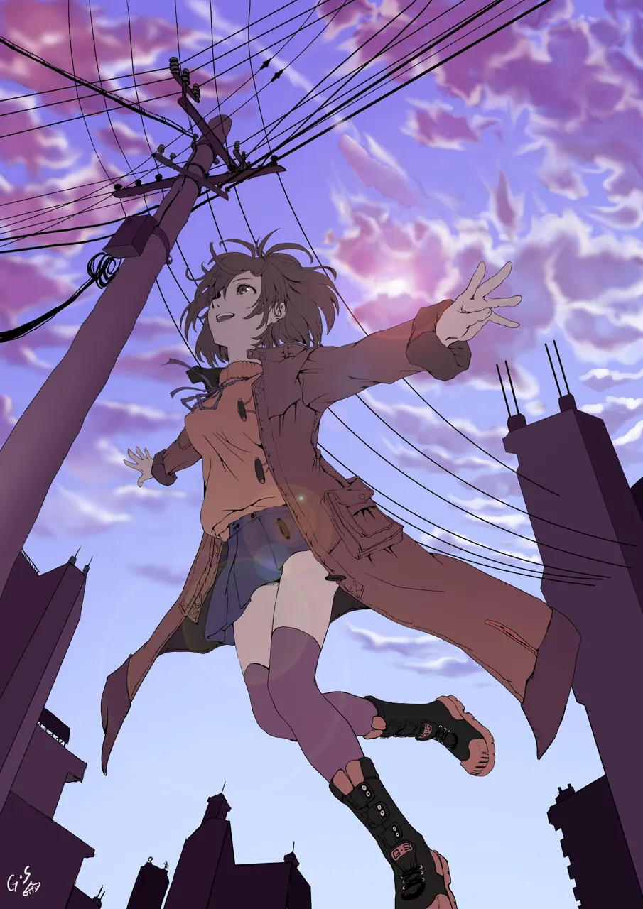 1girl boots breasts brown_eyes brown_hair coat legs lens_flare medium_breasts outdoors short_hair skirt solo thighhighs as109