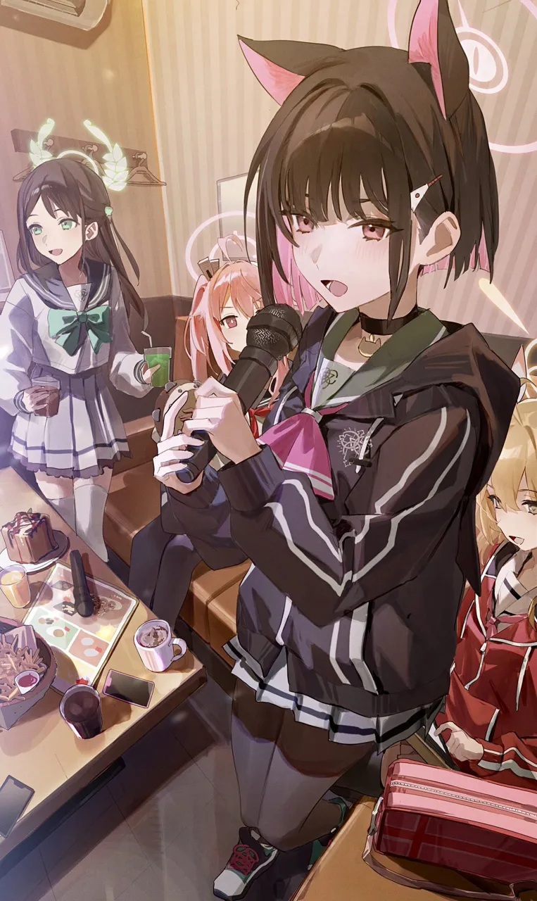 4girls after_school_sweets_club__blue_archive ahoge animal_ears black_choker black_hair black_jacket black_pantyhose black_sailor_collar blonde_hair cat_ears cellphone choker colored_inner_hair cup extra_ears green_eyes green_halo hair_between_eyes hair_ornament hairclip halo holding holding_cup holding_microphone hood hood_down hooded_jacket indoors instrument jacket long_hair long_sleeves microphone multicolored_hair multiple_girls pantyhose phone pink_hair pink_halo pleated_skirt red_eyes red_jacket sailor_collar school_uniform serafuku shoes short_hair sitting skirt smartphone tambourine white_footwear white_skirt yellow_eyes yellow_halo flatshi blue_archive airi__blue_archive kazusa__blue_archive natsu__blue_archive yoshimi__blue_archive