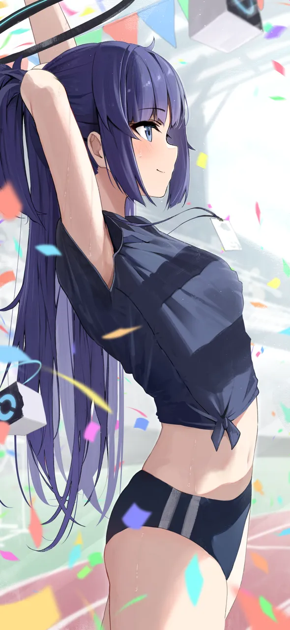 1girl armpit_peek arms_up black_buruma black_halo black_shirt blue_buruma blurry blurry_background blush buruma closed_mouth confetti cowboy_shot crop_top day drone from_side gym_shirt gym_uniform halo id_card lanyard long_hair looking_ahead navel official_alternate_costume outdoors ponytail profile purple_eyes purple_hair shirt sidelocks smile solo stadium stretching sweat very_long_hair hidulume blue_archive yuuka__blue_archive yuuka__track__blue_archive