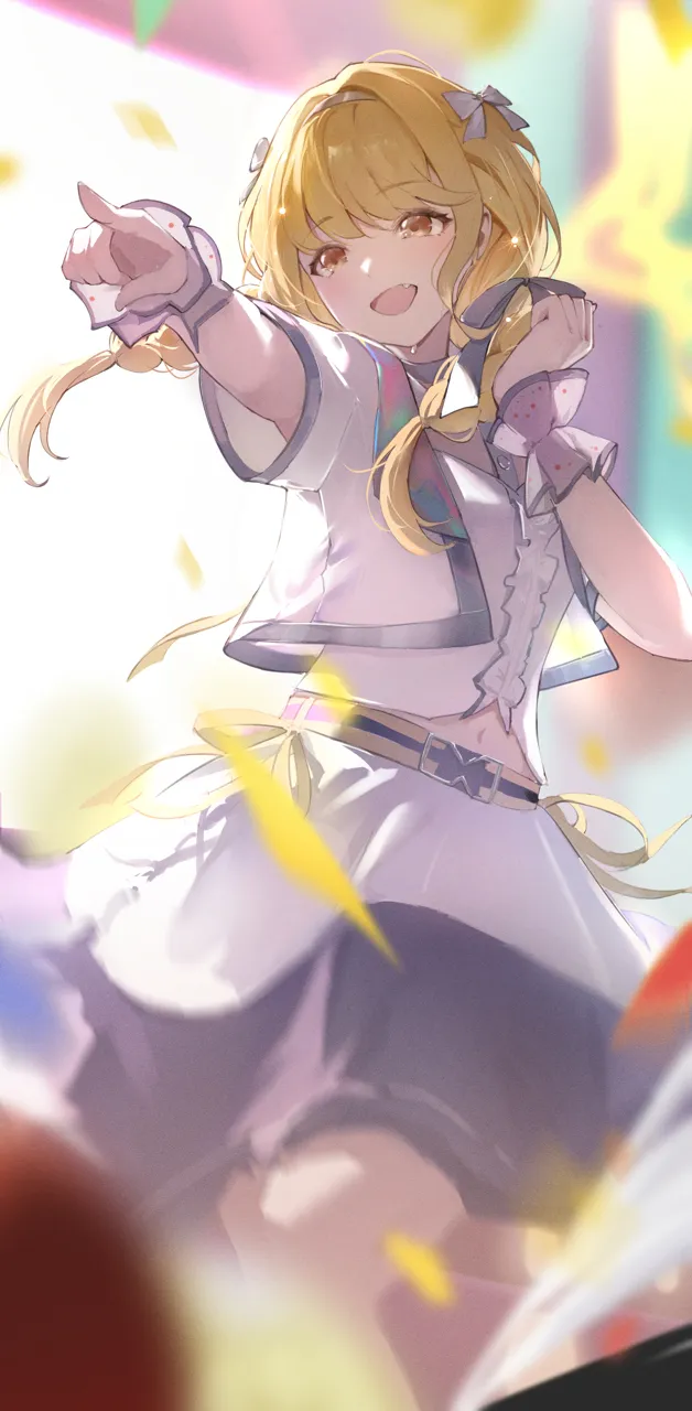 1girl blonde_hair blurry blurry_background blurry_foreground blush center_frills confetti cropped_jacket cropped_shirt depth_of_field fang frilled_wristband frills idol_clothes jacket looking_to_the_side navel pointing sekaiichi_kawaii_watashi__idolmaster shirt short_sleeves skin_fang smile solo white_jacket white_shirt wristband yellow_eyes jiang_zhuti_jiojio gakuen_idolmaster idolmaster fujita_kotone