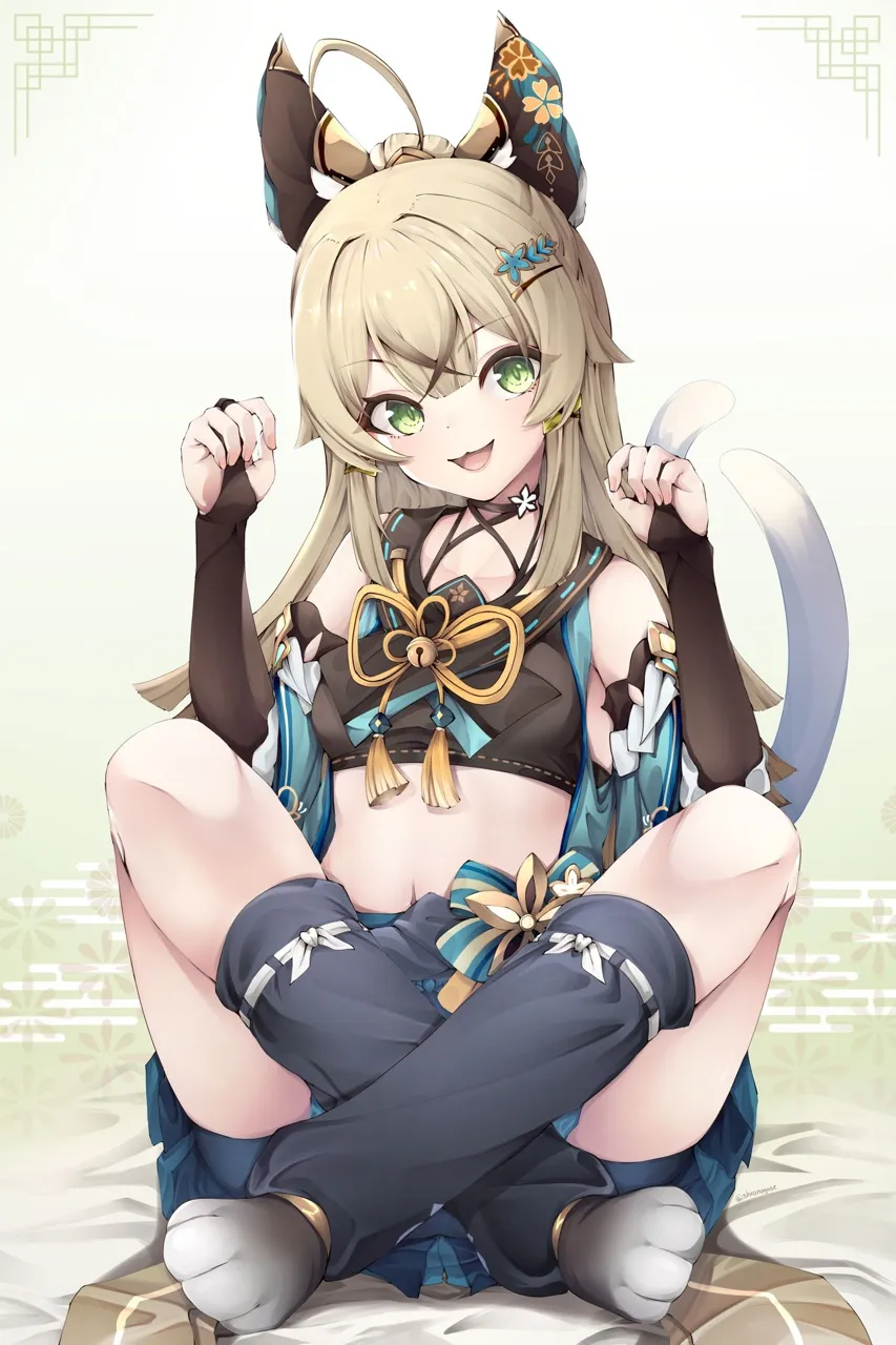 1girl ahoge animal_ears bangs blonde_hair breasts cat_ears cat_tail detached_sleeves eyebrows_visible_through_hair gloves gradient gradient_background green_eyes hair_between_eyes hair_ornament long_hair looking_at_viewer midriff navel open_mouth panties paw_pose pleated_skirt sitting skirt smile solo tail underwear genshin_impact kirara__genshin_impact
