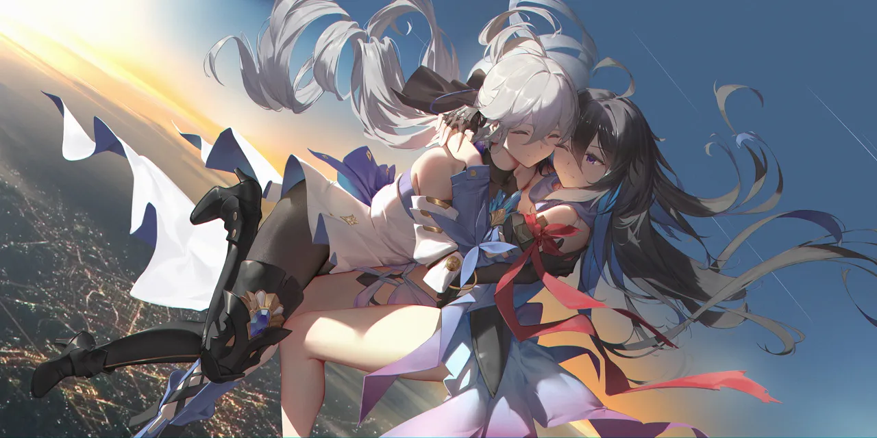 2girls ahoge bare_shoulders black_boots black_gloves black_hair black_pantyhose black_shirt blue_boots blue_dress blue_sky boots closed_eyes closed_mouth detached_sleeves dress elbow_gloves fingerless_gloves foot_out_of_frame gloves gradient_sky grey_hair hand_on_another_s_back high_heel_boots high_heels hug long_hair multiple_girls one_eye_closed orange_sky pantyhose purple_eyes red_ribbon ribbon shirt single_glove sky sleeveless sleeveless_dress sleeveless_shirt smile thigh_boots very_long_hair white_dress white_sleeves yuri ribao honkai__star_rail honkai__series bronya_rand seele__honkai__star_rail