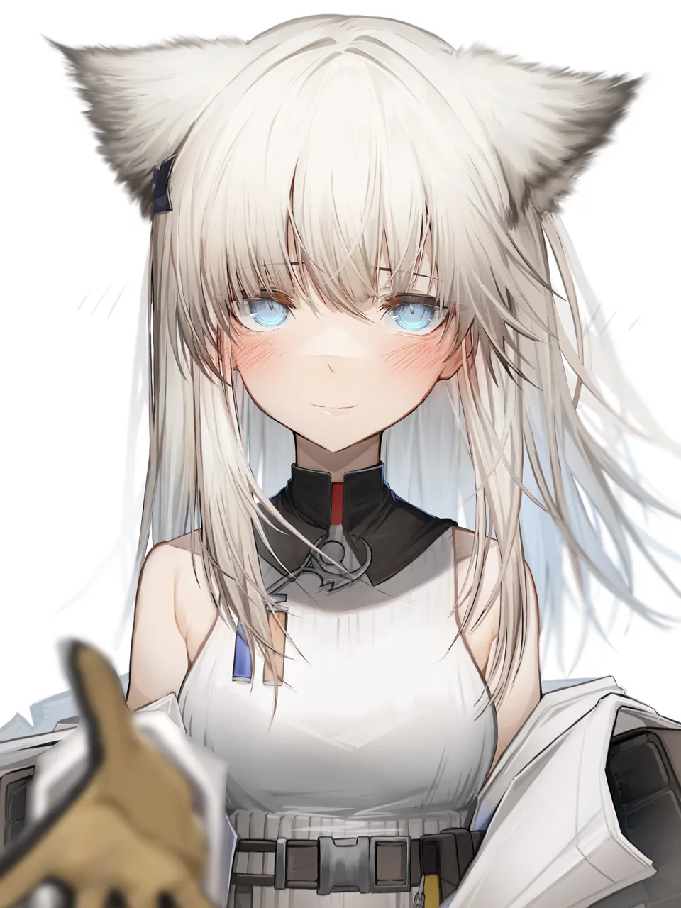 1girl animal_ears bare_shoulders belt blue_eyes blush breasts brown_belt gloves light_smile long_hair looking_at_viewer medium_breasts simple_background solo upper_body white_background white_hair tab_head arknights arknights__endfield perlica__arknights