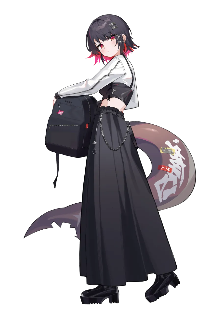 1girl alternate_costume black_bag black_hair black_shoes black_skirt blush breasts colored_inner_hair cropped_shirt fins fish_tail from_side full_body long_skirt long_sleeves medium_breasts midriff multicolored_hair red_eyes shark_girl shark_tail shoes short_hair simple_background skirt solo tail transparent_background turning_head two_tone_shirt niji__rudduf232 zenless_zone_zero ellen_joe__zenless_zone_zero