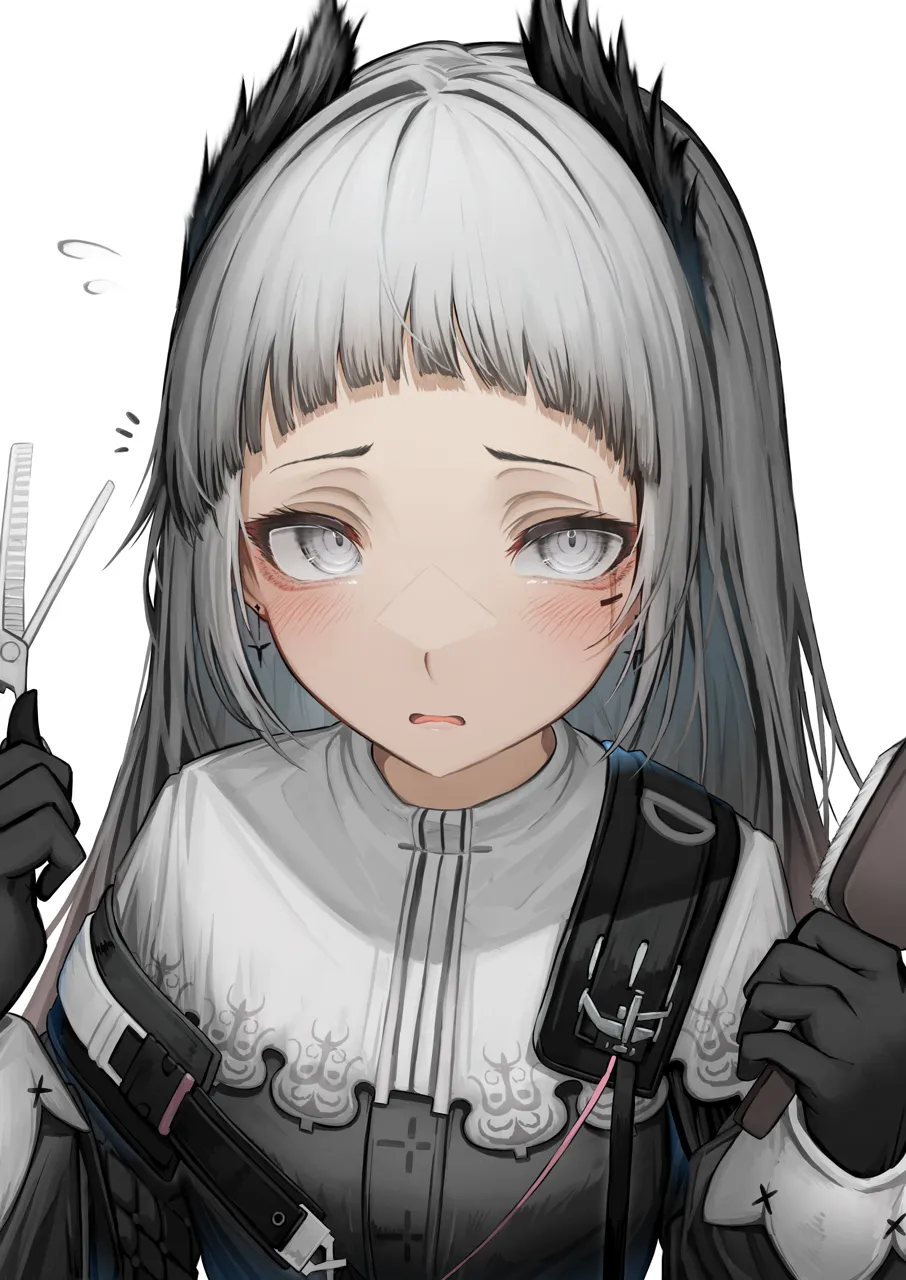 1girl black_gloves blush earrings gloves grey_hair head_wings holding holding_brush holding_scissors jewelry long_hair looking_at_viewer scissors simple_background solo upper_body white_eyes wings tab_head arknights irene__arknights