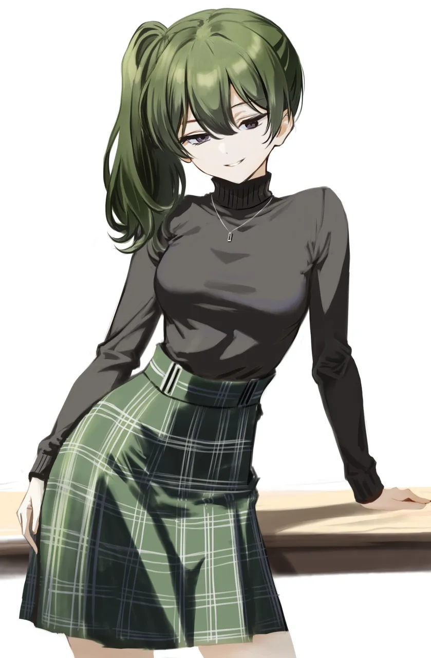 1girl black_sweater breasts contrapposto cowboy_shot green_hair green_skirt hand_on_own_hip high_waist_skirt jewelry looking_at_viewer medium_breasts necklace plaid_clothes plaid_skirt purple_eyes side_ponytail simple_background skirt solo standing sweater turtleneck turtleneck_sweater white_background knandraw sousou_no_frieren ubel__sousou_no_frieren