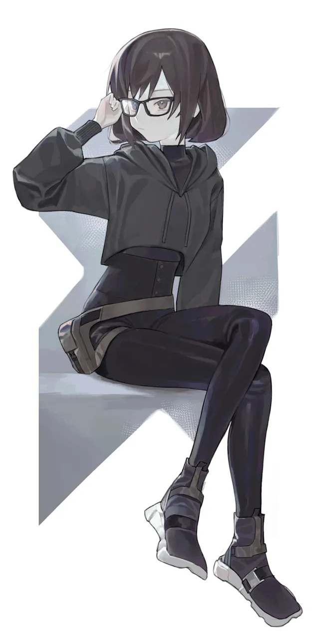 1girl adjusting_eyewear belt_pouch black_bodysuit bodysuit bodysuit_under_clothes boots brown_eyes brown_hair crop_top crossed_legs glasses hood hood_down hoodie latex latex_bodysuit pouch short_hair sitting solo saaal653