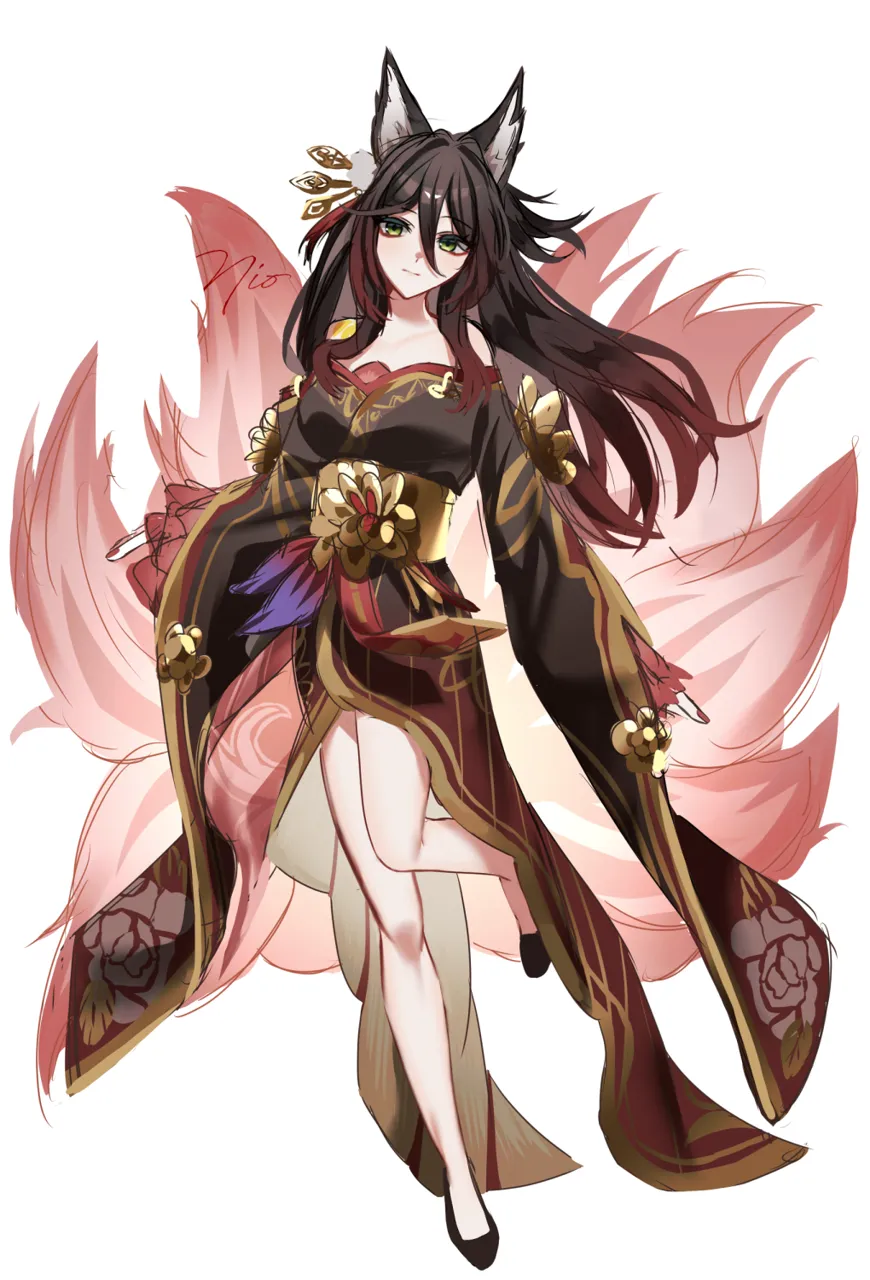 1girl animal_ears bare_legs bare_shoulders black_hair black_robe black_shoes fox_ears green_eyes hair_between_eyes long_hair long_sleeves looking_at_viewer obi off_shoulder robe sash shoes simple_background solo very_long_hair white_background yellow_sash om_rm1101 honkai__star_rail honkai__series fugue__honkai__star_rail tingyun__honkai__star_rail