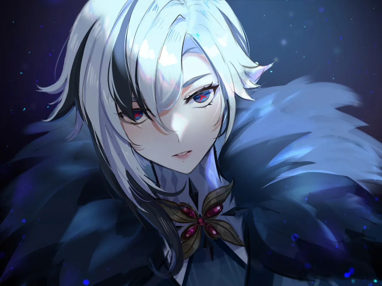 1girl amulet androgynous black_hair blue_background blue_eyes blue_hair fatui_coat fur_trim jacket looking_at_viewer multicolored_eyes multicolored_hair parted_lips red_eyes solo symbol_shaped_pupils x_shaped_pupils mihan__mihan_art genshin_impact arlecchino__genshin_impact