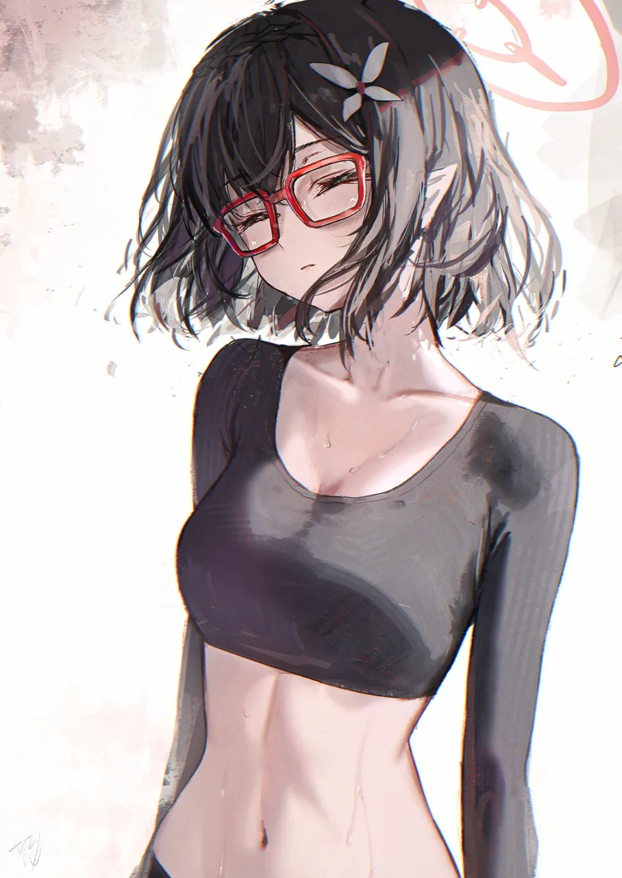 1girl alternate_costume black_hair black_shirt breasts cleavage closed_eyes closed_mouth collarbone crop_top glasses hair_ornament halo long_sleeves medium_breasts midriff navel pointy_ears red_framed_eyewear red_halo shirt short_hair signature simple_background solo stomach sweat upper_body white_background hidulume blue_archive ayane__blue_archive