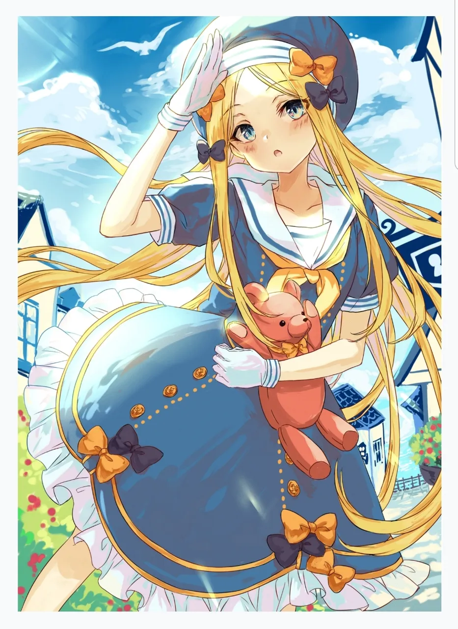 1girl arm_up beret black_bow blonde_hair blue_dress blue_eyes blue_hat blue_sky blush bow building cloud cloudy_sky collarbone day dress frilled_dress frills gloves hair_bow hat hugging_object long_hair neckerchief orange_bow outdoors parted_bangs parted_lips puffy_short_sleeves puffy_sleeves sailor_collar sailor_dress shading_eyes short_sleeves sky solo stuffed_animal stuffed_toy teddy_bear very_long_hair white_gloves white_sailor_collar yellow_neckerchief ten_chan__eternal_s fate_grand_order fate__series abigail_williams__fate