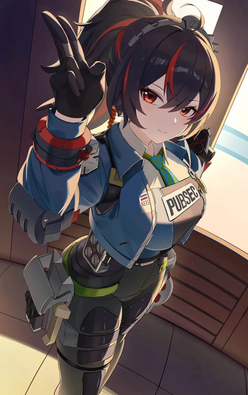 1girl arm_up black_gloves black_hair blue_jacket breasts checkered_necktie closed_mouth from_above gloves hand_up high_waist_pants holster indoors jacket large_breasts looking_at_viewer metal_hairband multicolored_hair necktie pants police police_uniform policewoman ponytail red_eyes salute shirt shoulder_holster smile solo streaked_hair tight_clothes two_finger_salute white_shirt edible_sus zenless_zone_zero zhu_yuan__zenless_zone_zero