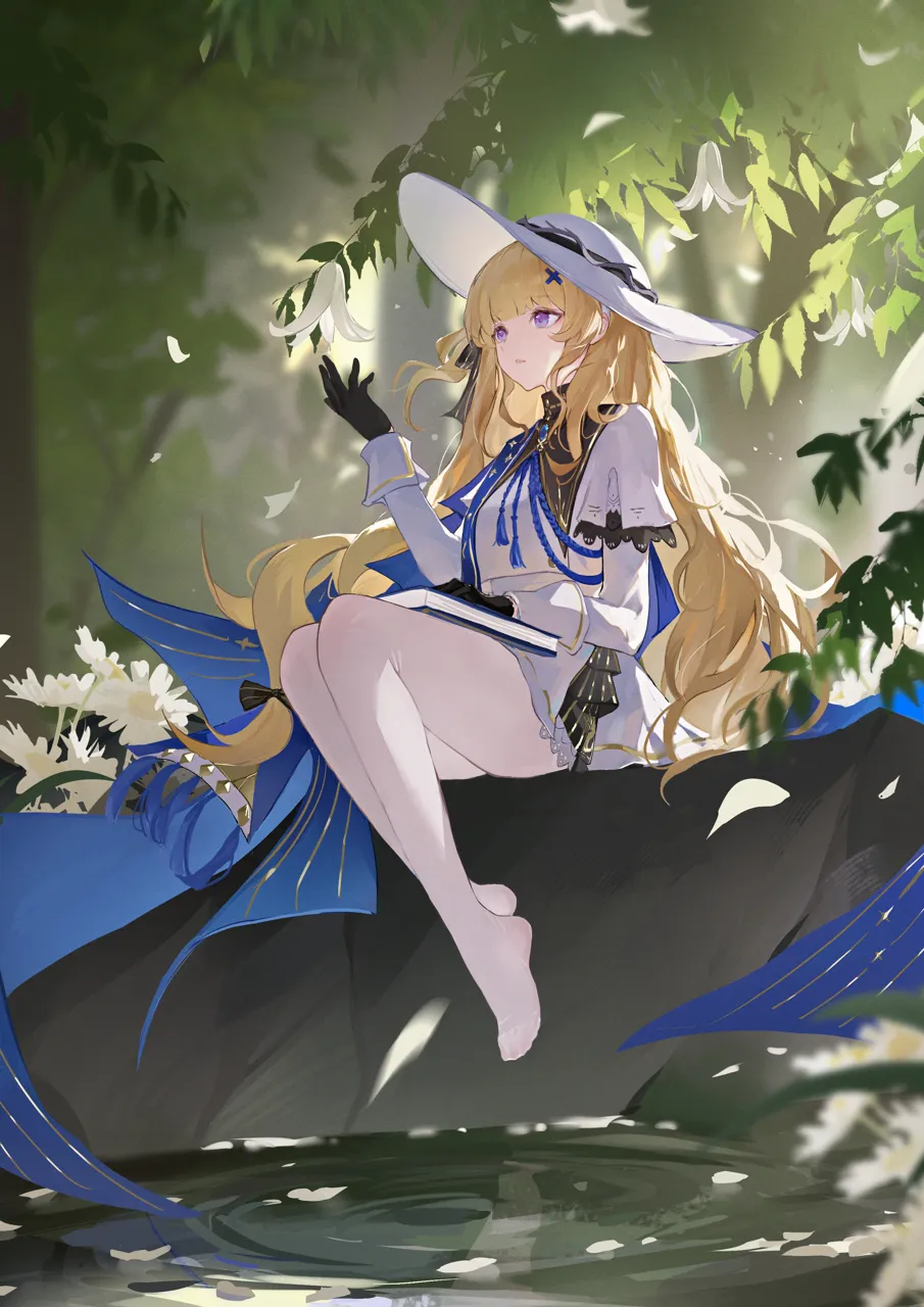 1girl black_bow black_collar black_gloves blonde_hair blue_gemstone blue_sash book bow breasts collar gem gloves hair_bow hair_ornament hand_up hat long_hair long_sleeves looking_ahead medium_breasts no_shoes outdoors pantyhose parted_lips purple_eyes reflection reflective_water sash shirt sitting skirt solo striped_bow very_long_hair white_hat white_pantyhose white_shirt white_skirt x_hair_ornament jiang_zhuti_jiojio wuthering_waves phoebe__wuthering_waves