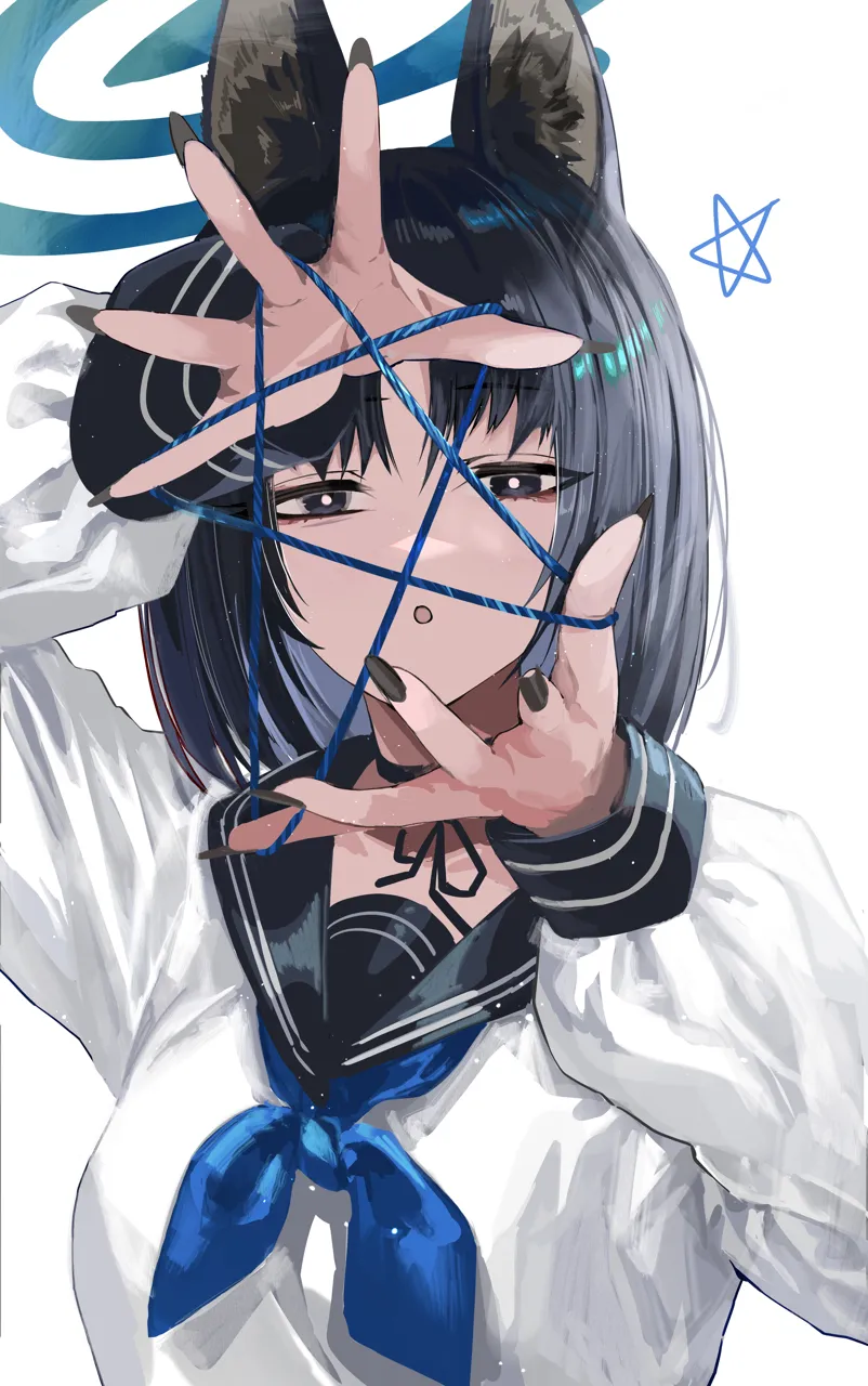 1girl animal_ear_fluff animal_ears black_eyes black_hair black_nails black_sailor_collar blue_halo blue_neckerchief cat_s_cradle cat_ears fingernails halo long_fingernails long_sleeves nail_polish neckerchief sailor_collar school_uniform serafuku short_hair solo star__symbol nn11 blue_archive kikyou__blue_archive