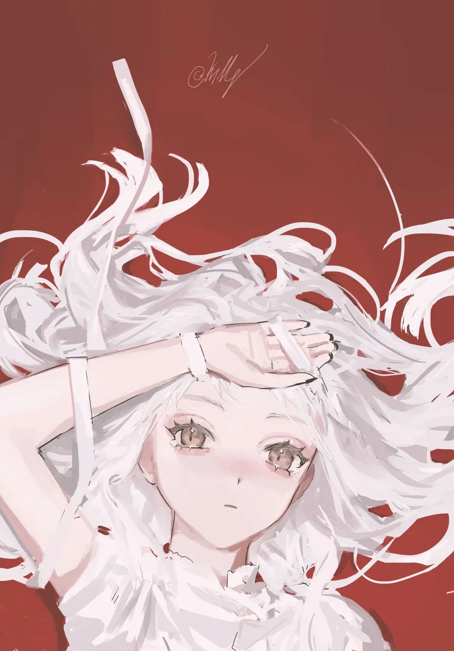 1girl arm_up artist_name bangs brown_eyes closed_mouth expressionless floating_hair hair_spread_out long_hair looking_at_viewer lying on_back red_background signature solo tears white_hair