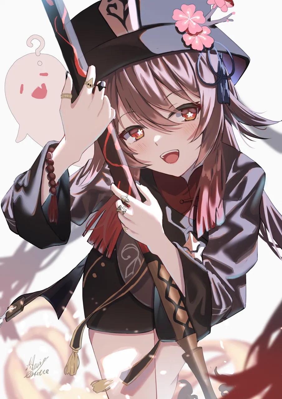 1girl bead_bracelet beads black_headwear black_nails black_shorts bracelet brown_hair chinese_clothes coattails collared_coat colored_tips flower flower_shaped_pupils ghost gradient_hair hat hat_flower jewelry long_hair looking_at_viewer multicolored_hair multiple_rings open_mouth plum_blossoms porkpie_hat red_eyes red_hair ring shorts signature simple_background staff_of_homa__genshin_impact symbol_shaped_pupils tailcoat tassel thumb_ring twintails white_background maria_onnette genshin_impact boo_tao__genshin_impact hu_tao__genshin_impact