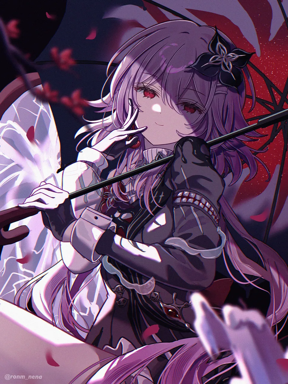 1girl black_dress black_flower black_gloves broken_mirror closed_mouth dress flower gloves hair_between_eyes hair_flower hair_ornament holding holding_umbrella light_smile long_hair long_sleeves looking_at_viewer mirror official_alternate_costume partially_shaded_face petals pink_hair red_eyes solo twitter_username umbrella upper_body white_wrist_cuffs wrist_cuffs yuma__mron_322 honkai__star_rail honkai__series evernight__honkai__star_rail march_7th__honkai__star_rail