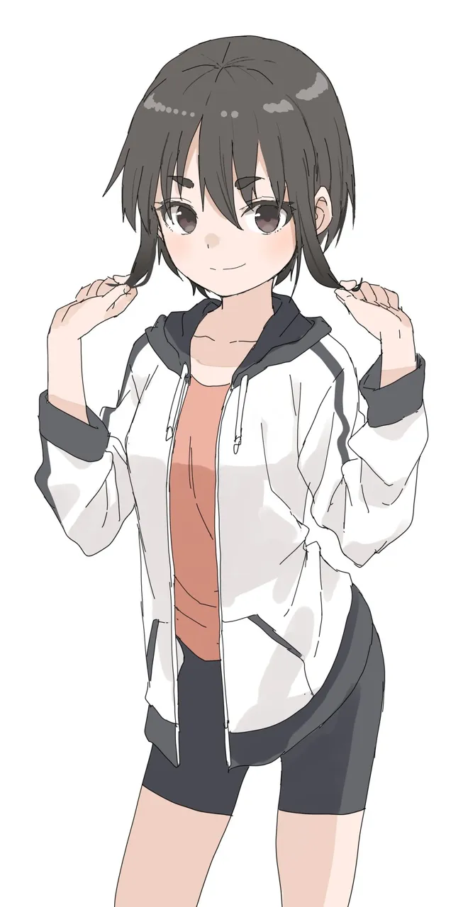 1girl bike_shorts black_hair brown_eyes cowboy_shot hood hood_down hooded_jacket hoodie jacket looking_at_viewer short_hair simple_background smile solo white_background white_jacket soredemo_ayumu_wa_yosetekuru kagawa_rin