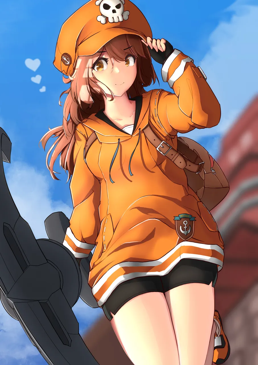 1girl anchor anchor_symbol backpack bag black_gloves black_shorts blurry blurry_background breasts brown_eyes day dolphin_shorts fingerless_gloves flat_chest gloves hat heart holding holding_weapon hood hoodie huge_weapon long_hair looking_at_viewer orange_hat orange_hoodie orange_shoes pirate_hat shoes shorts skull_and_crossbones sneakers solo weapon alterkyon guilty_gear guilty_gear_strive may__guilty_gear