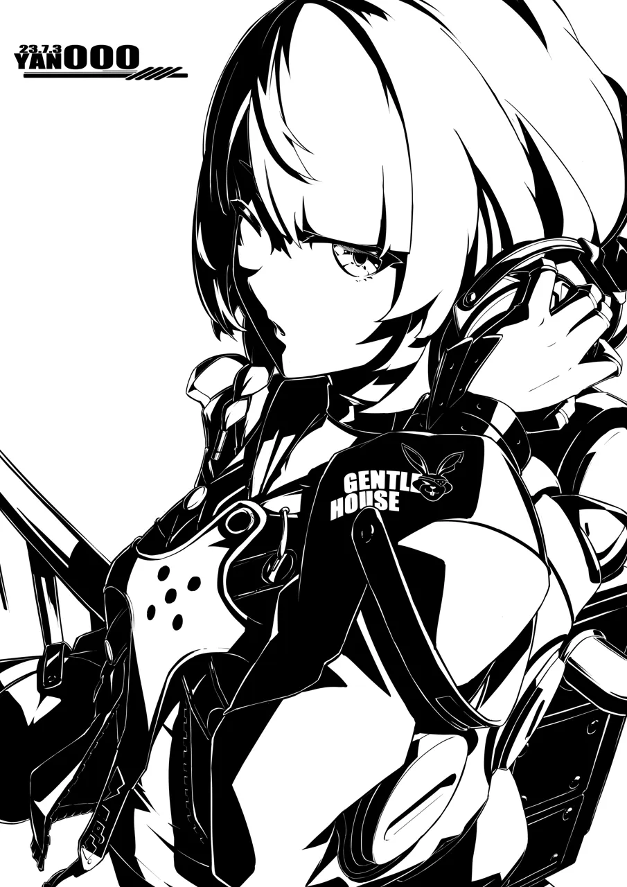 1girl adjusting_headphones artist_name backpack bag dated greyscale long_sleeves looking_at_viewer monochrome short_hair simple_background solo upper_body white_background yan__unicorn404 zenless_zone_zero anby_demara
