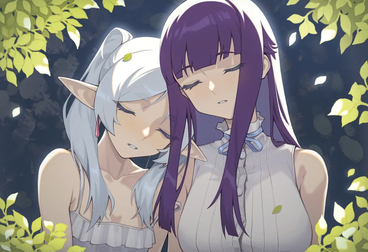 2girls bare_shoulders blue_ribbon blunt_bangs center_frills collarbone dress earrings elf forehead frills grey_hair jewelry leaf leaf_on_head long_hair multiple_girls neck_ribbon parted_bangs pointy_ears purple_hair ribbon sidelocks sleeping sleeping_on_person sleeping_upright sleeveless sleeveless_dress thick_eyebrows twintails upper_body white_dress yuri kirikiri sousou_no_frieren fern__sousou_no_frieren frieren