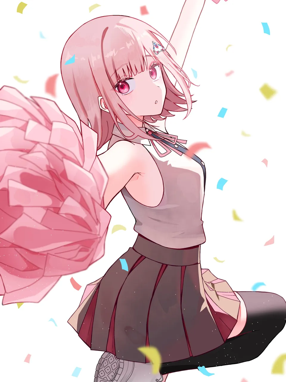 1girl arm_up bare_shoulders black_thighhighs blush brown_skirt cheerleader confetti grey_shirt hair_ornament medium_hair miniskirt pink_eyes pink_hair pleated_skirt pom_pom__cheerleading shirt shoes skirt solo thighhighs su_no__su_no090 danganronpa__series danganronpa_2__goodbye_despair galaga nanami_chiaki__danganronpa