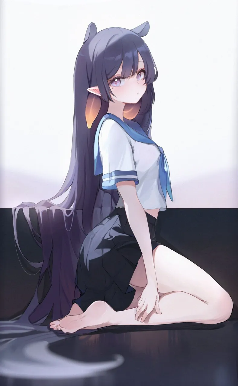 1girl animal_ears barefoot black_sailor_collar black_skirt feet long_hair looking_at_viewer neckerchief pleated_skirt pointy_ears purple_eyes sailor_collar school_uniform serafuku shirt sitting skirt soles solo very_long_hair virtual_youtuber white_shirt hololive ninomae_ina_nis__hololive