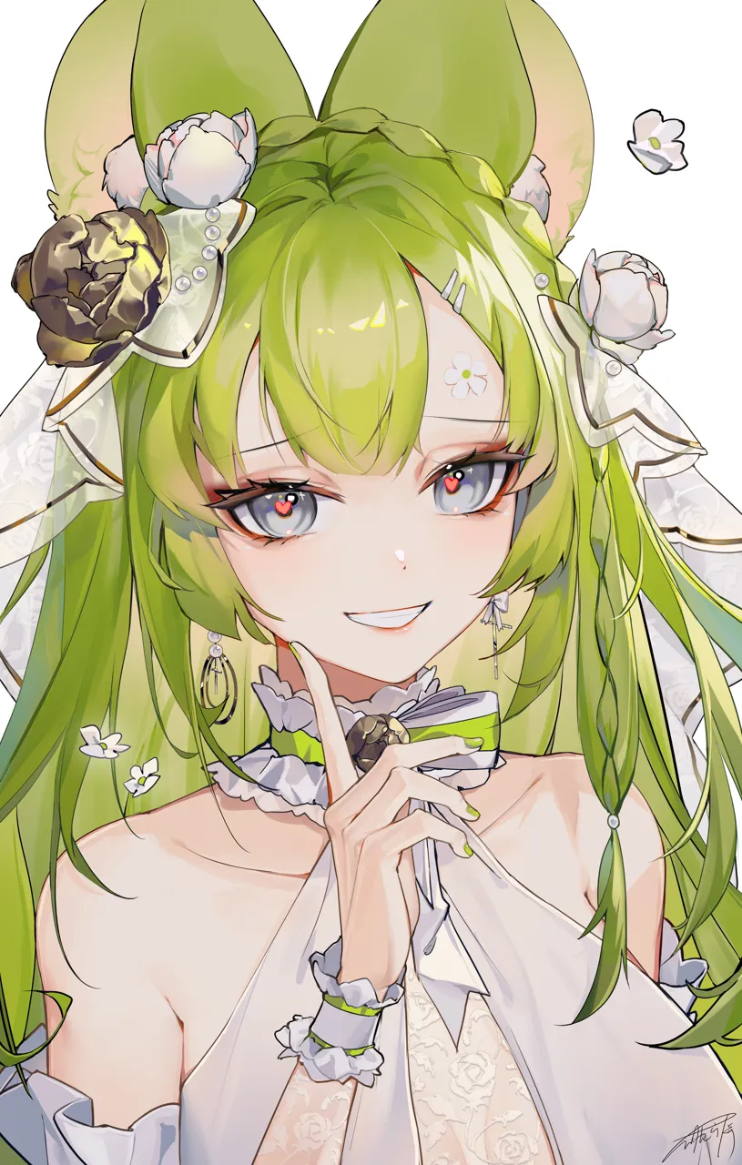 1girl animal_ear_fluff animal_ears bare_shoulders collarbone cross cross_earrings dress earrings floating_earring flower green_hair green_nails grey_eyes hair_flower hair_ornament hairclip hand_on_own_cheek hand_on_own_face hand_up heart heart_shaped_pupils index_finger_raised jewelry latin_cross long_hair looking_at_viewer neck_garter neck_ribbon open_mouth portrait ribbon simple_background smile solo symbol_shaped_pupils teeth veil white_background white_dress white_flower wrist_cuffs asona