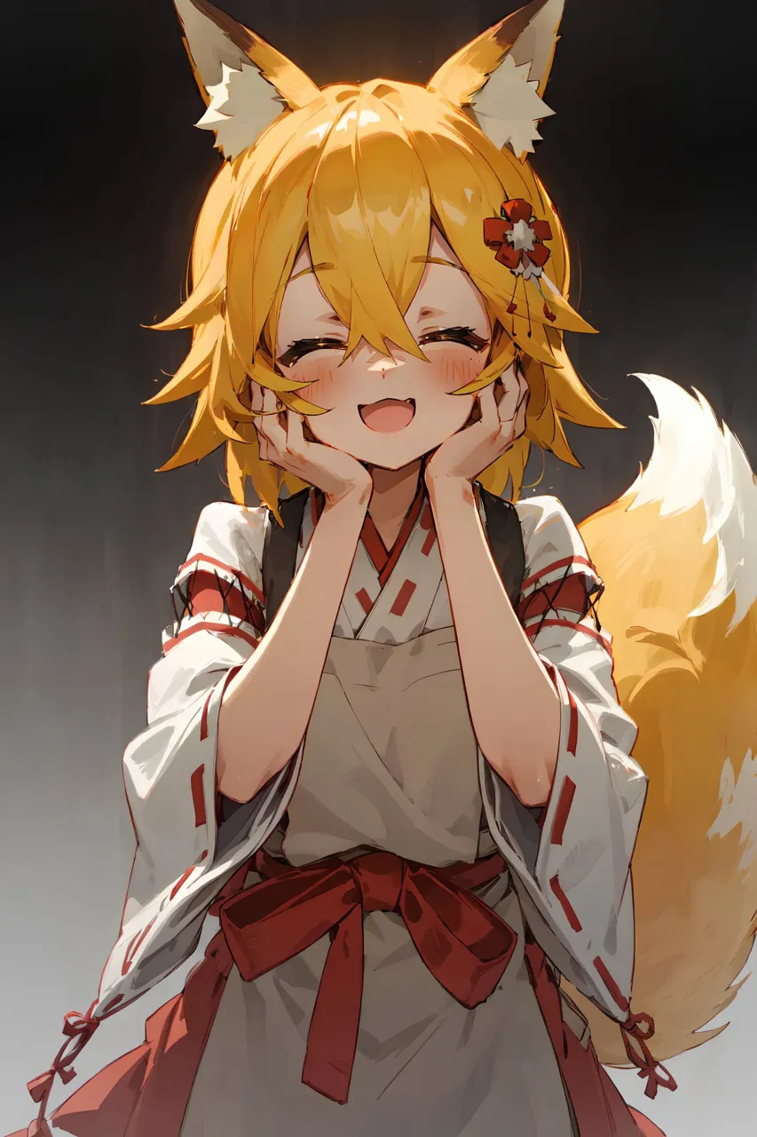 1girl animal_ear_fluff animal_ears blonde_hair blush closed_eyes fang fox_ears fox_girl fox_tail gradient gradient_background hair_between_eyes hair_flower hair_ornament hand_on_own_face hands_on_own_cheeks hands_on_own_face japanese_clothes kimono miko open_mouth ribbon_trim ribbon_trimmed_sleeves skirt smile solo tail white_kimono wide_sleeves sewayaki_kitsune_no_senko_san senko__sewayaki_kitsune_no_senko_san